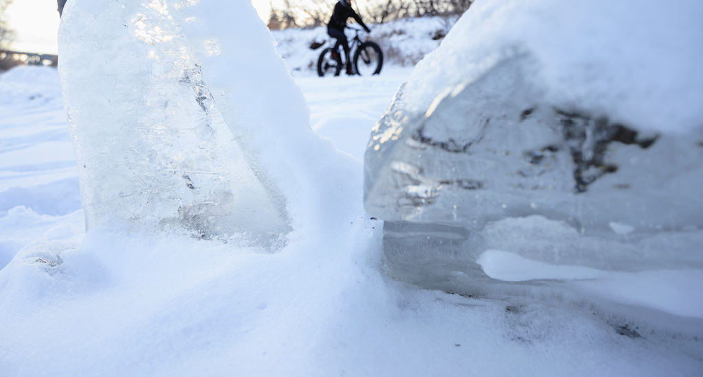 Winter biking along the shores of the South Saskatchewan River in the city of Saskatoon