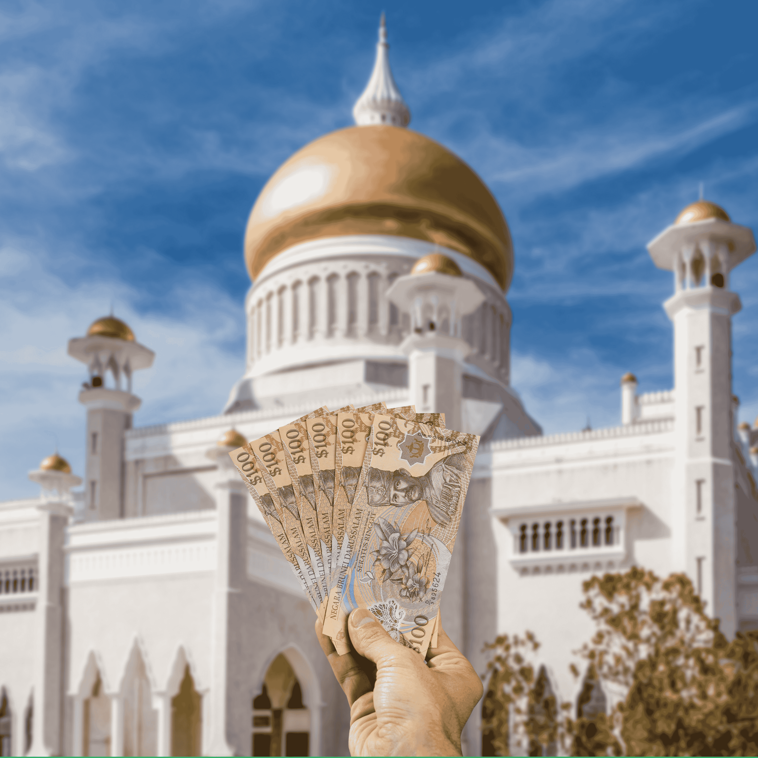 Traveller holding Brunei Dollar (BND) in front of Omar Ali Saifuddien Mosque in Brunei