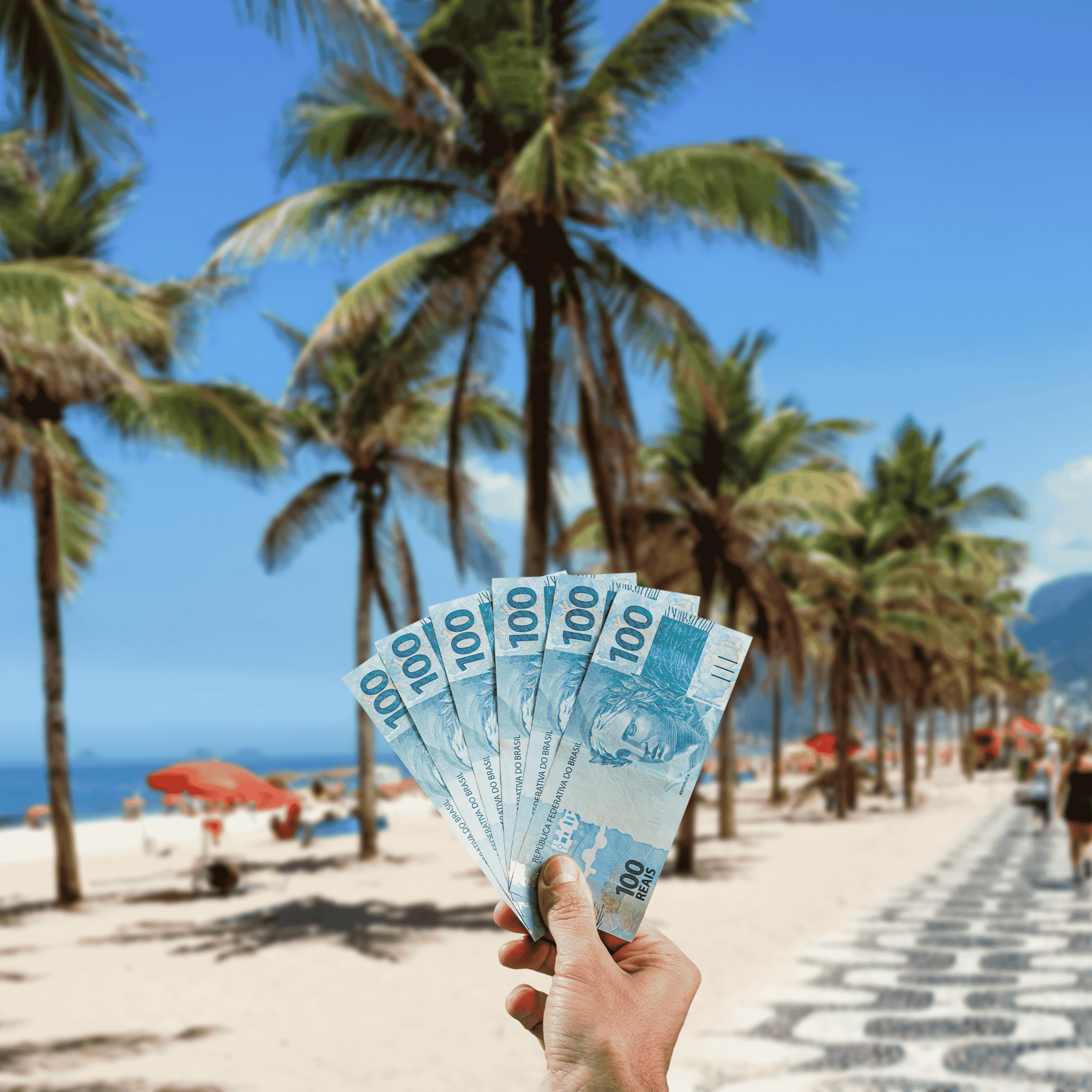 Traveller holding Brazilian Real (BRL) currency in front of famous Copacabana beach in Rio de Janeiro, Brazil