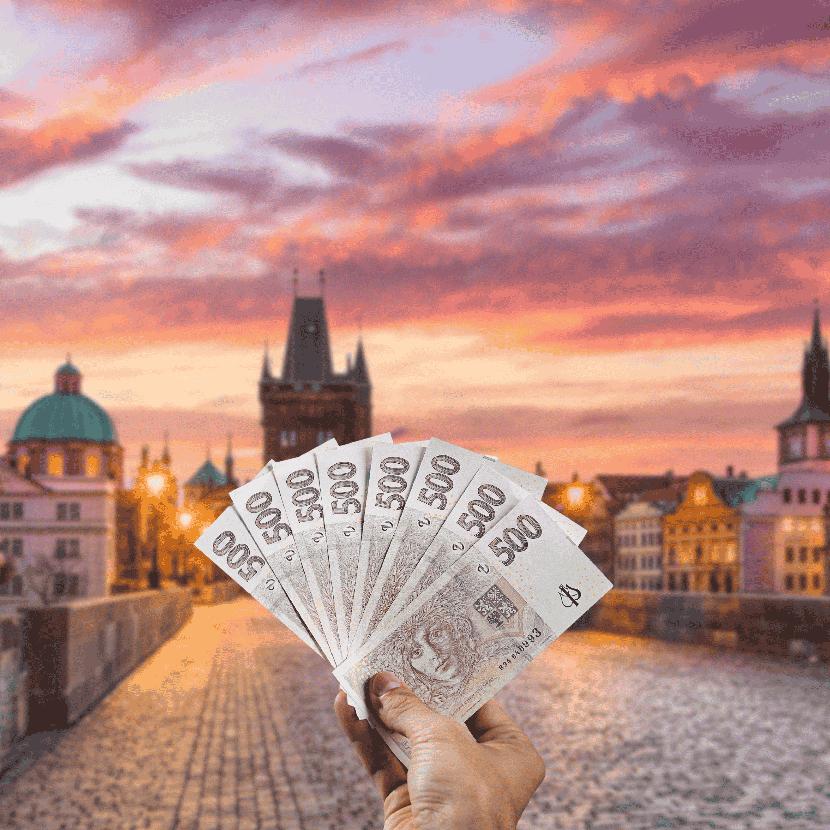 Traveller holding Czech Koruna (CZK) currency in front of Charles Bridge in Prague, Czech Republic