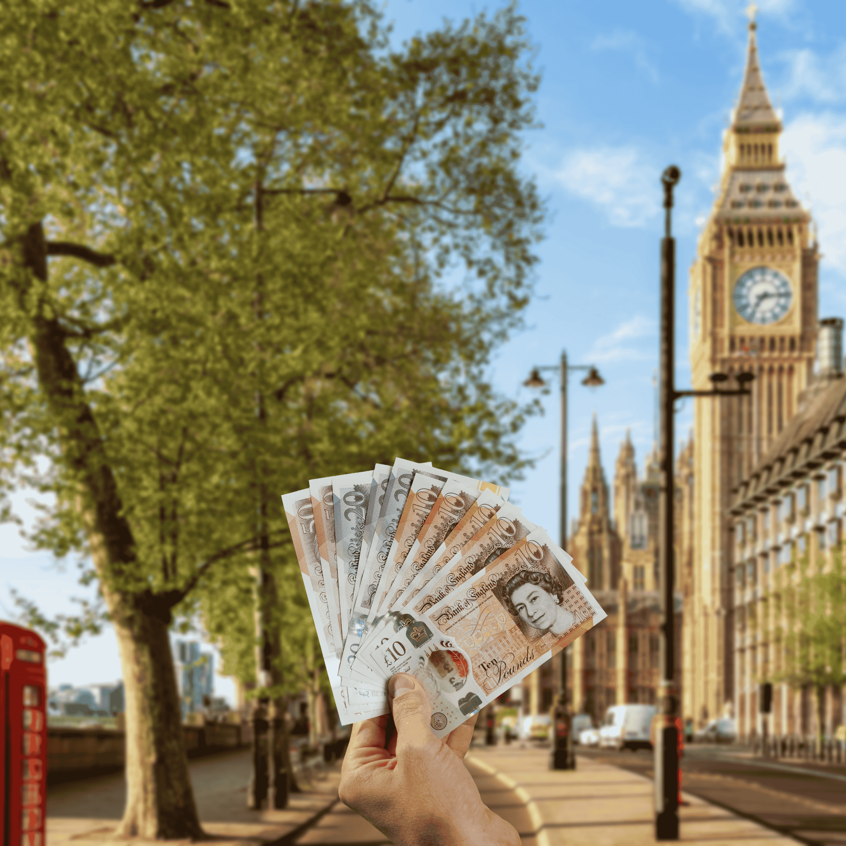 Traveller holding Pound Sterling (GBP) currency in front of Big Ben in London, England. Pound Sterling is the nickname for the Great British Pound, used in the United Kingdom (UK).
