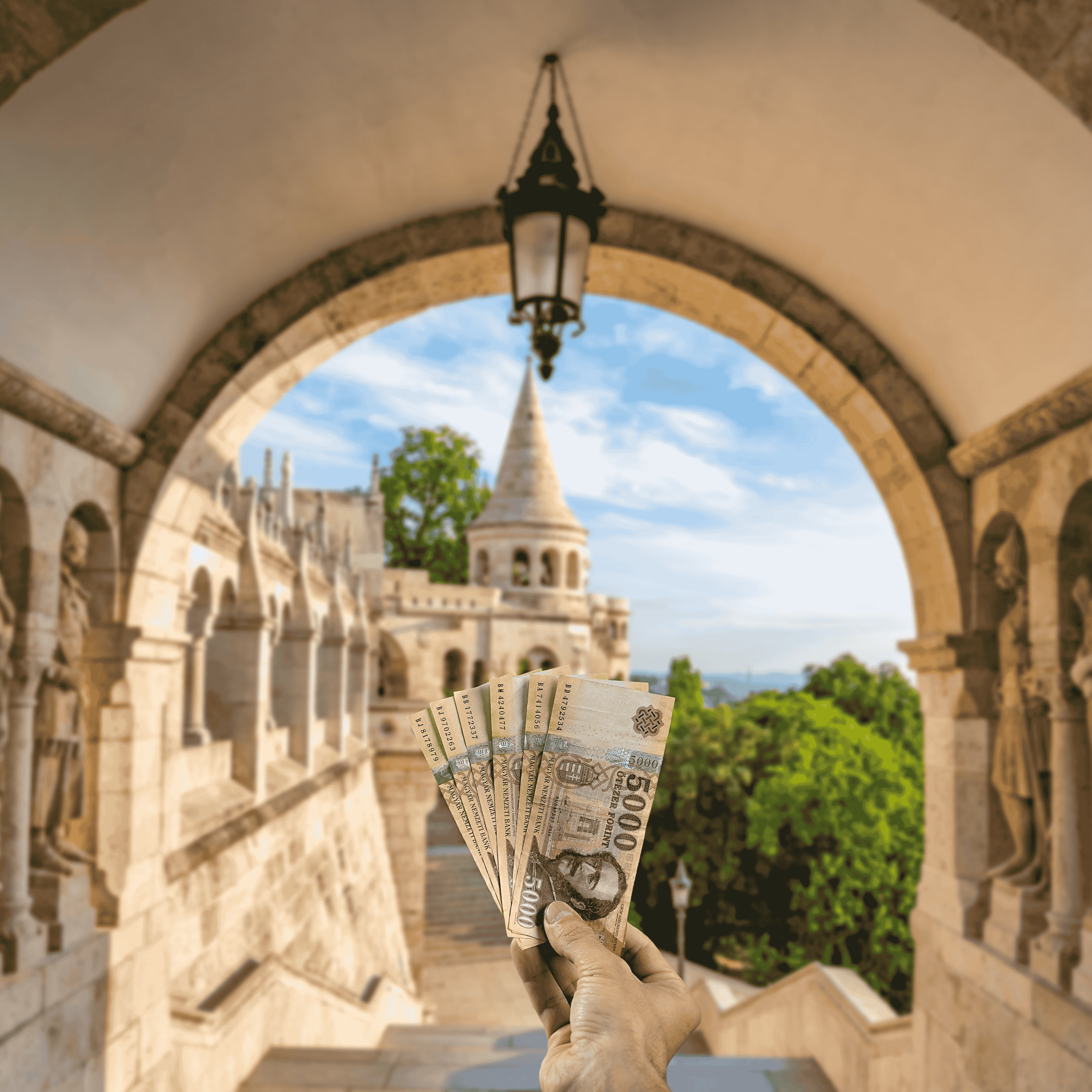 Traveller holding Hungarian Forint (HUF) currency in front of The Fisherman’s Bastion in Budapest, Hungary