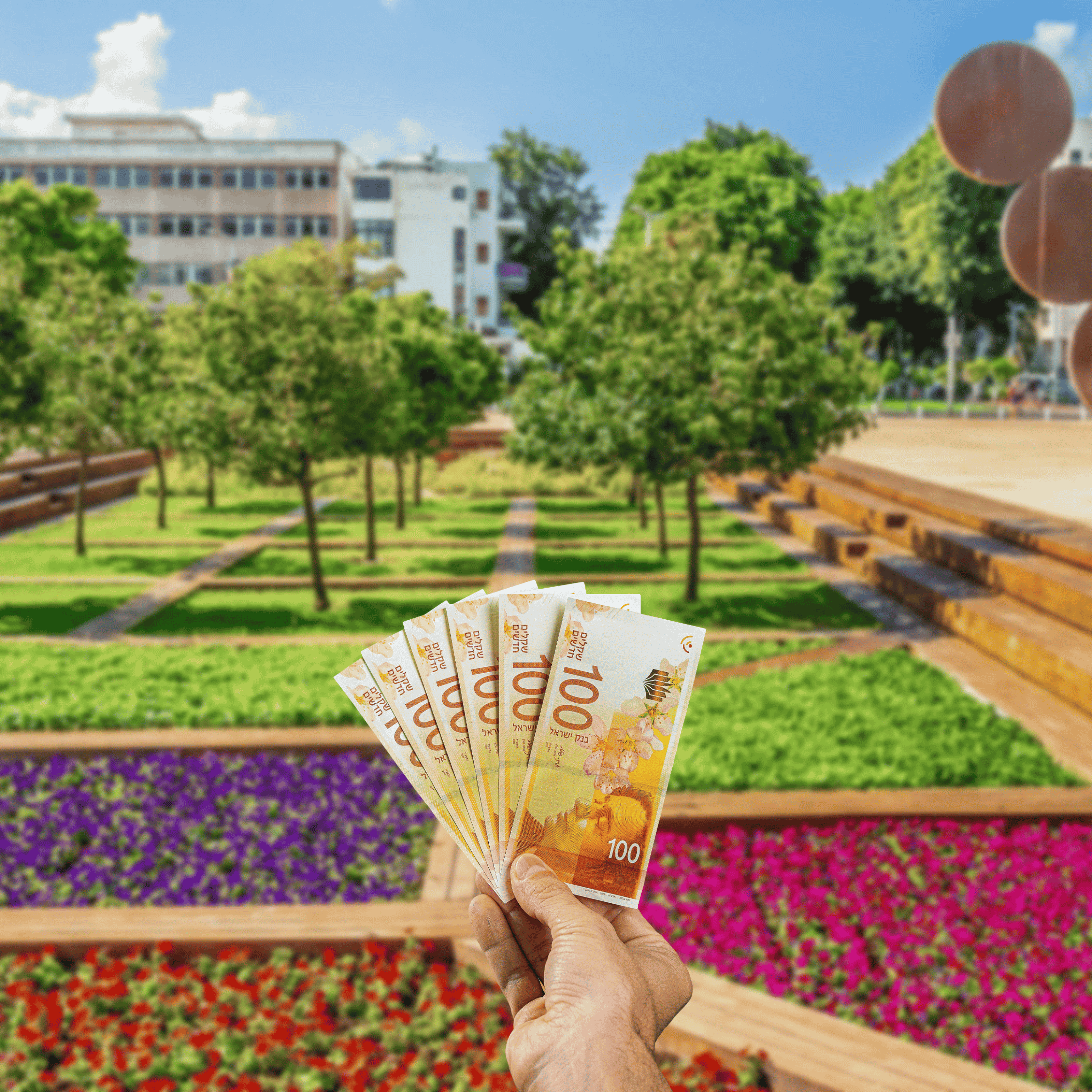 Traveller holding Israeli Shekels (ILS) currency in Israel
