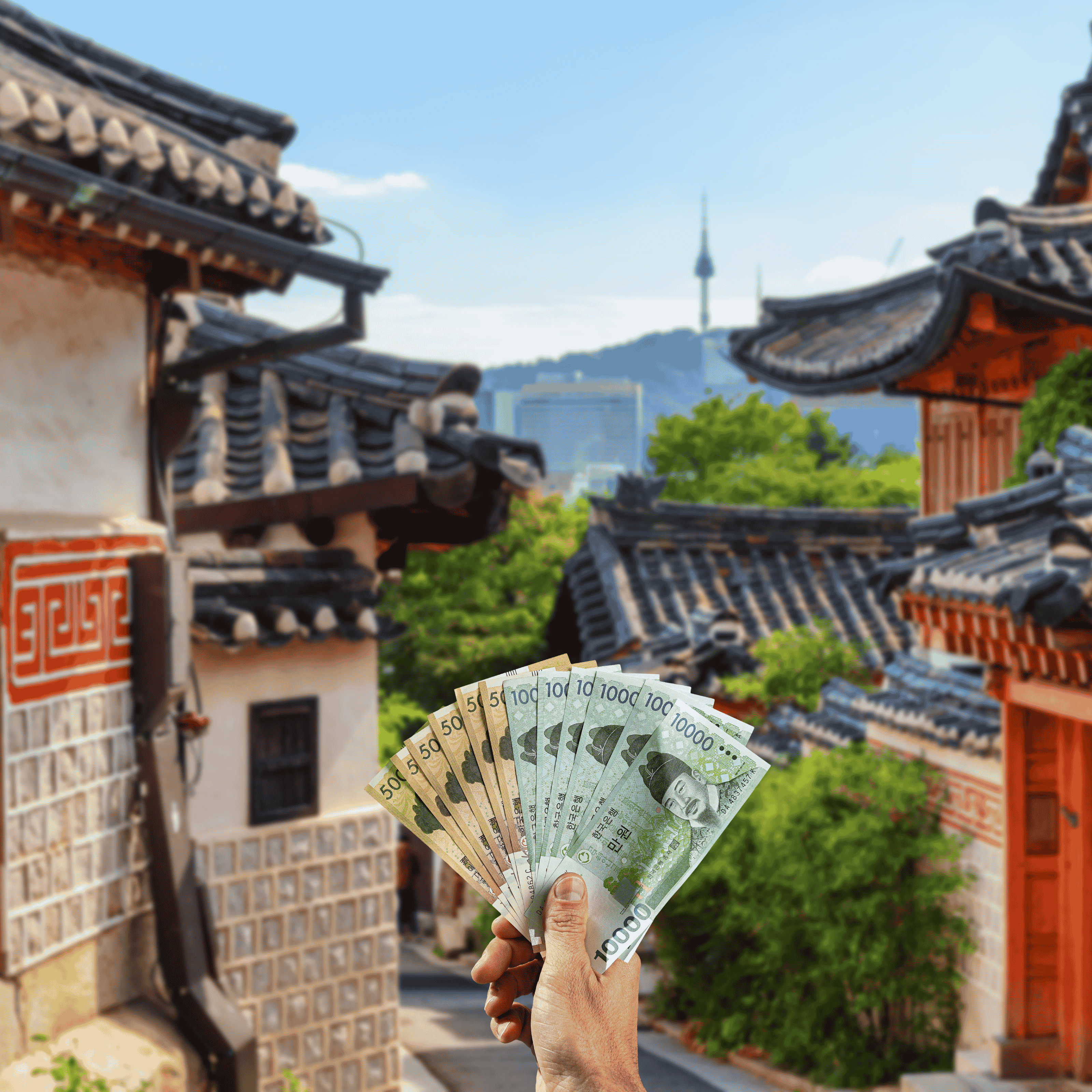 Traveller holding South Korean Won (KRW) currency in front of Insadong Street in Seoul, South Korea