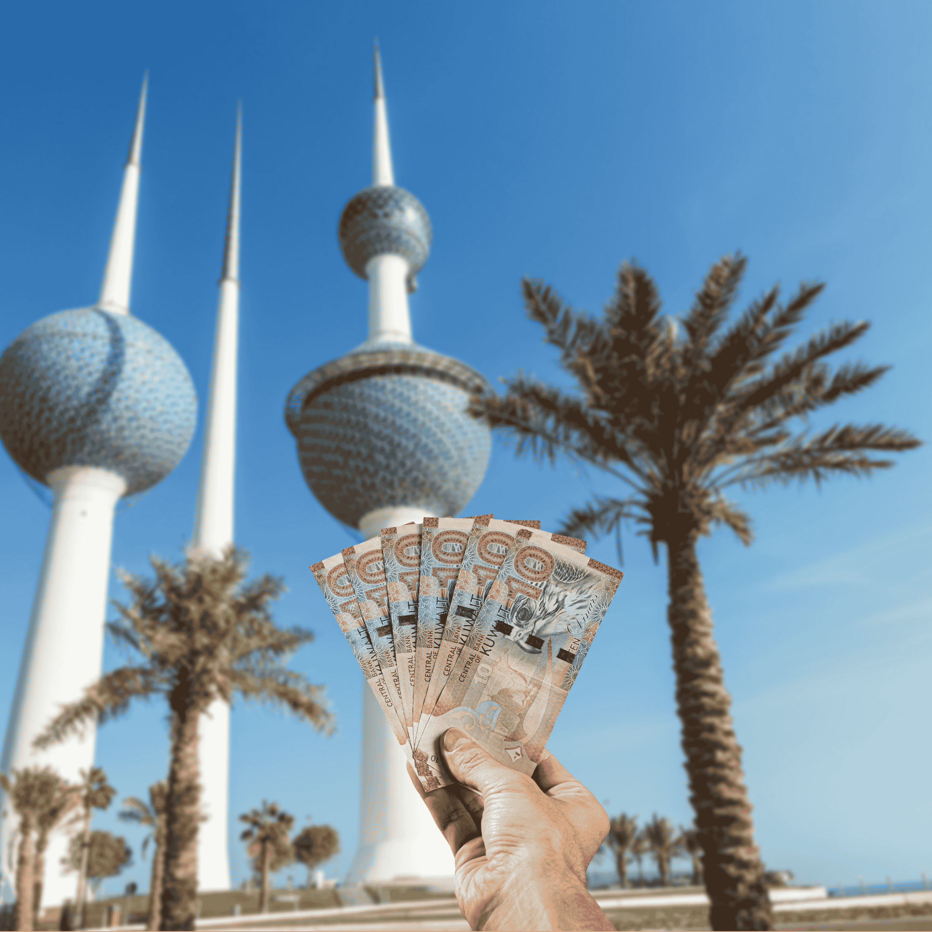 Traveller holding Kuwait Dinar (KWD) currency in front view of Kuwait Towers in Kuwait City, Kuwait