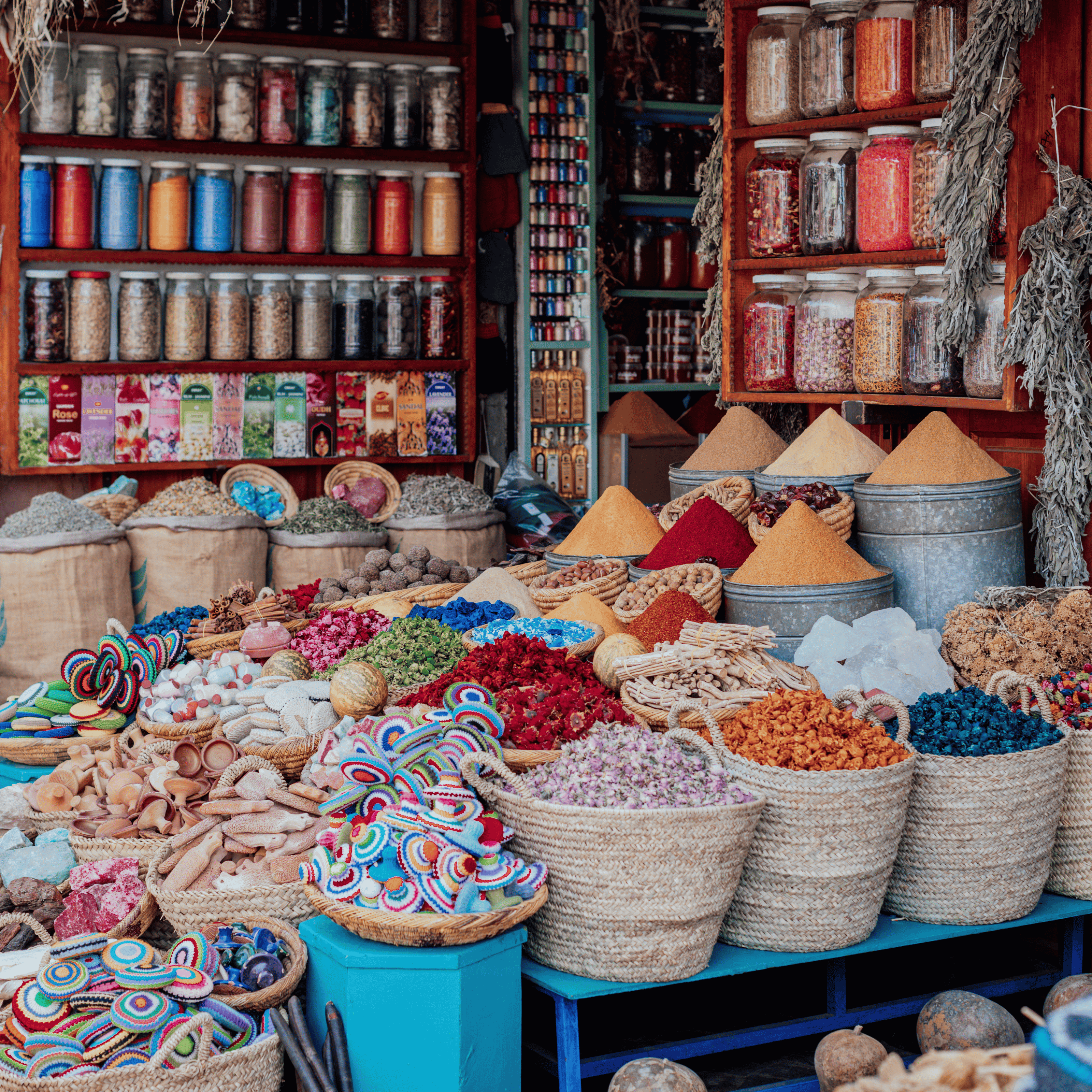 Local shop with colourful spices in Morocco