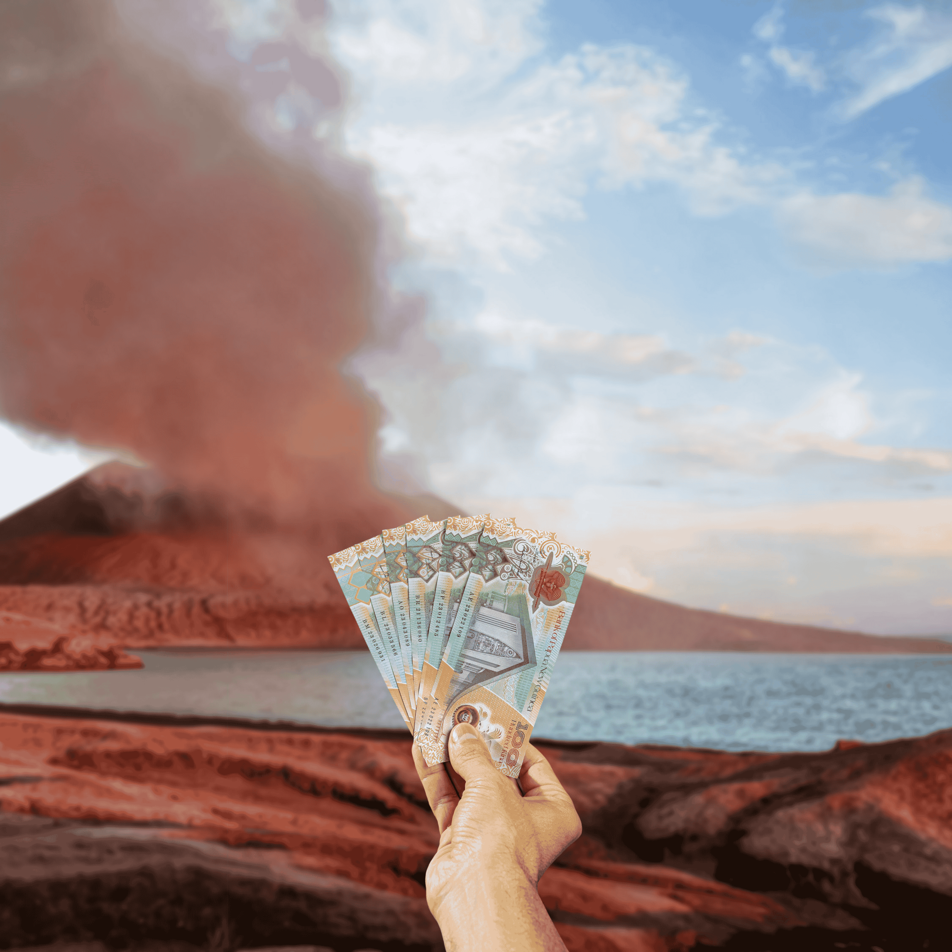 Traveller holding Papua New Guinean Kina (PGK) currency in front view of volcano in Papua New Guinea