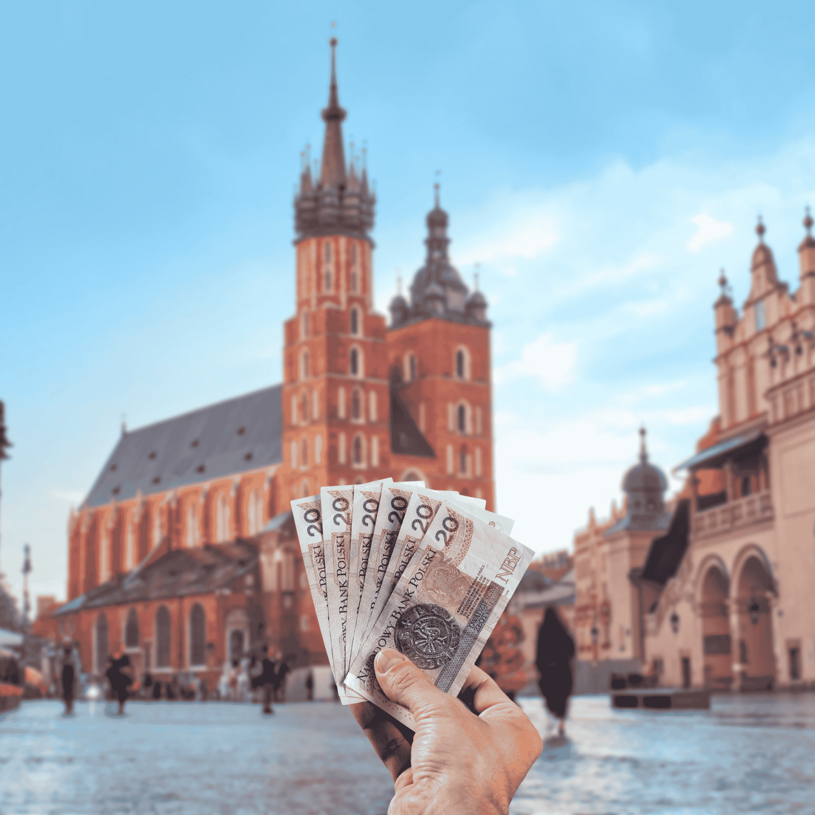 Traveller holding Polish złoty (PLN) currency in front of Basilica Saint Mary in Krakow, Poland