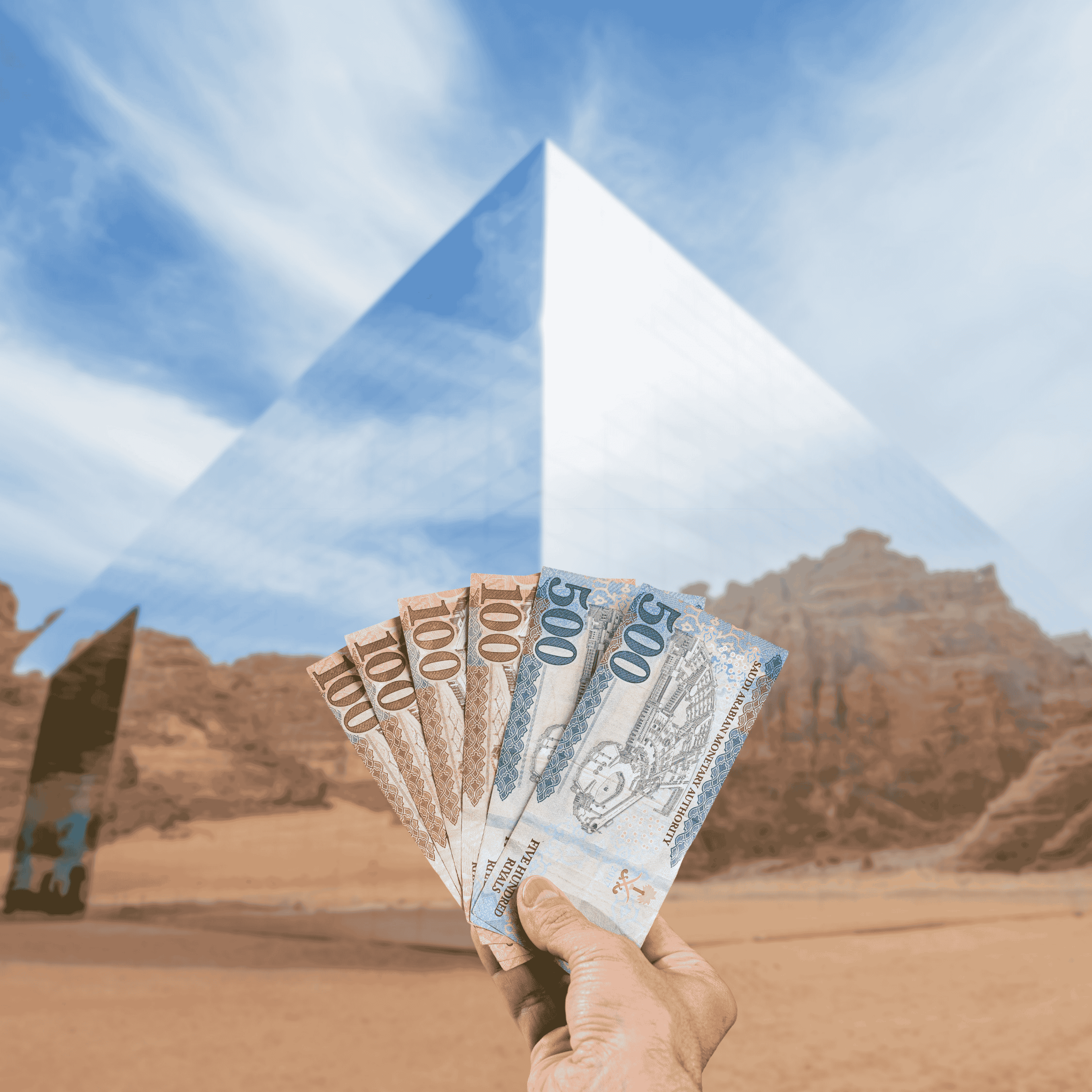Traveller holding Saudi Riyal (SAR) currency in front of Maraya Concert Hall – the world's largest mirrored building, in Saudi Arabia