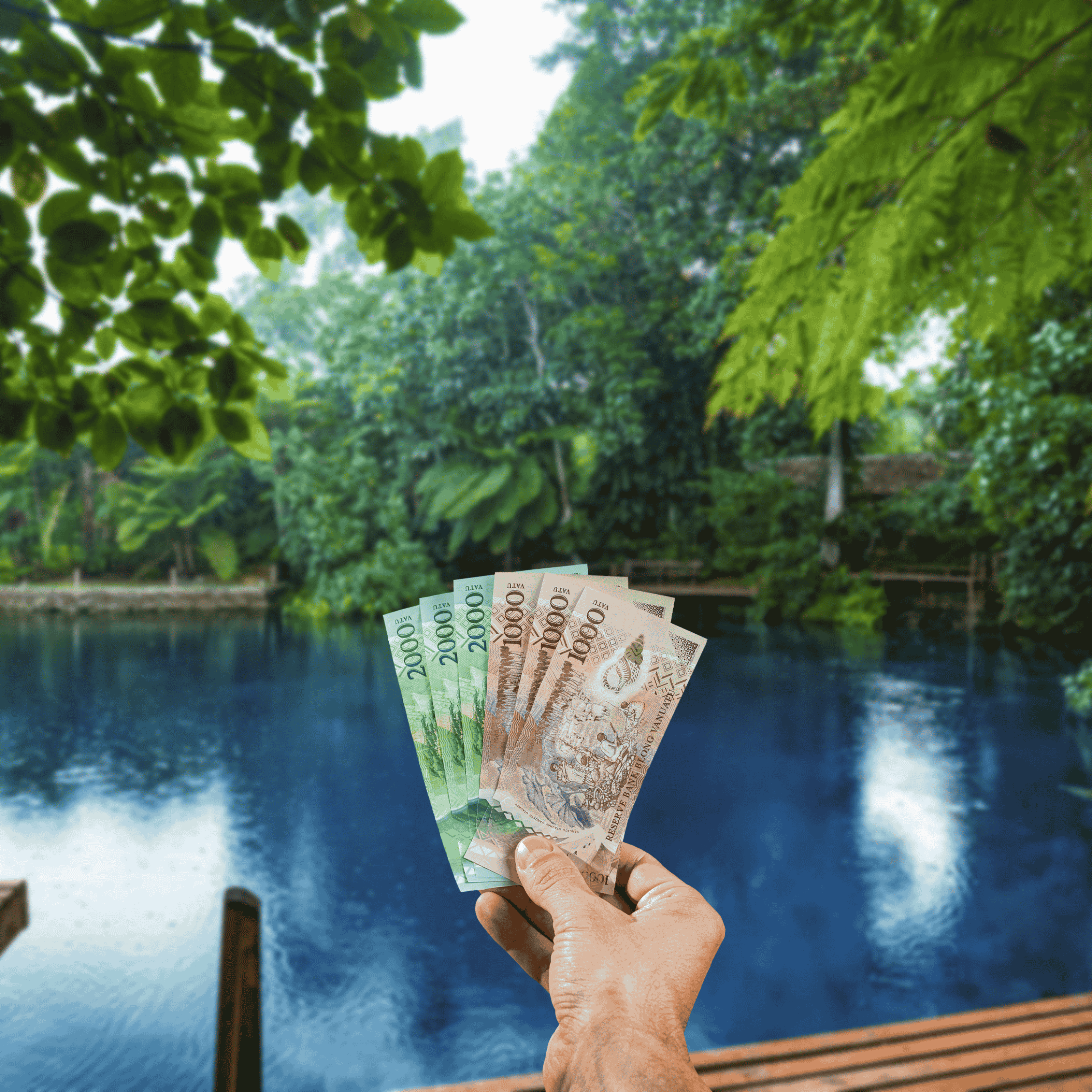 Traveller holding Vanuatu Vatu (VUV) currency in front of Matevulu Blue Hole, Vanuatu