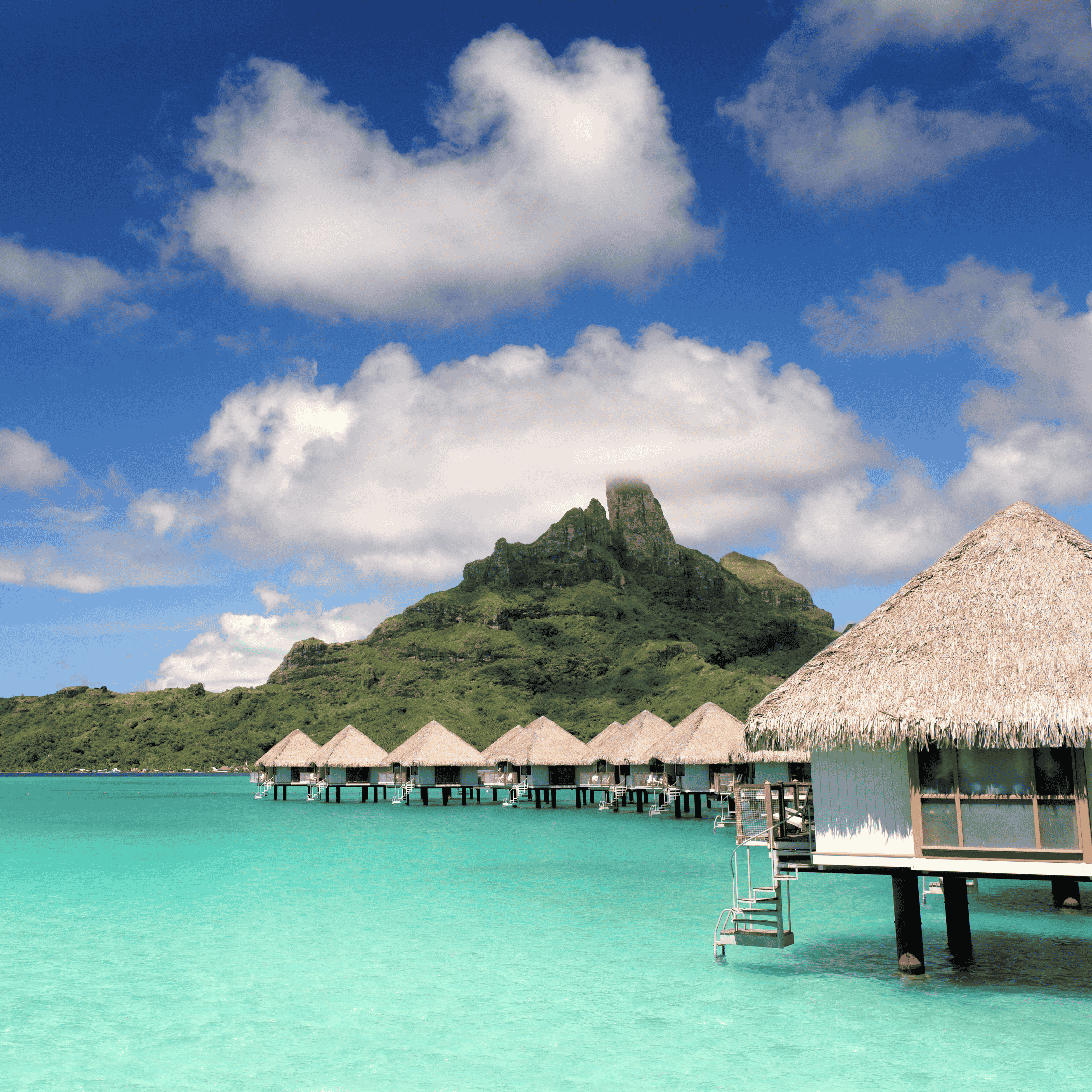Overwater bungalows in Bora Bora, Polynesian Islands, South Pacific