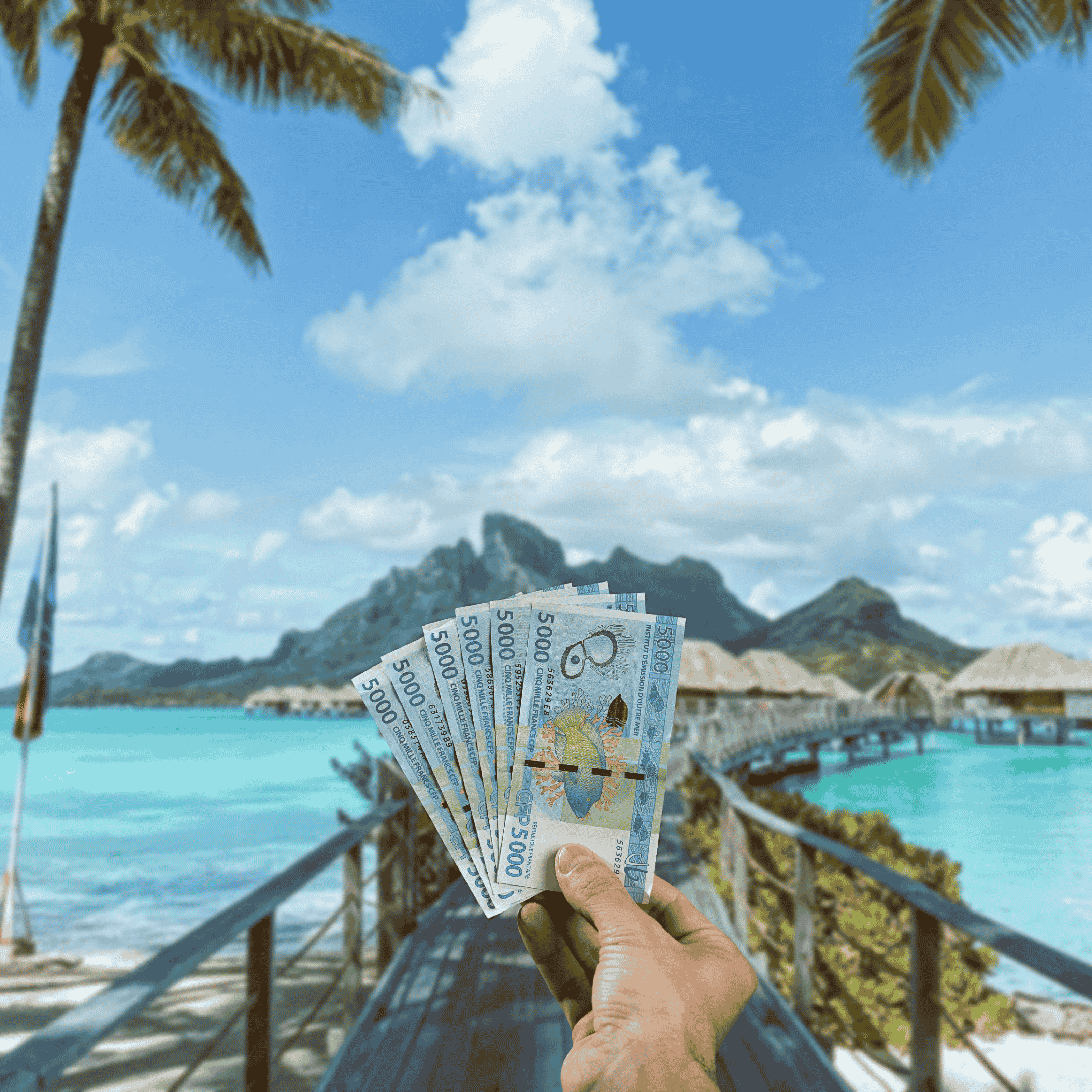Traveller holding South Pacific Francs (XFP) currency in front of view of overwater bungalows in Tahiti, French Polynesia