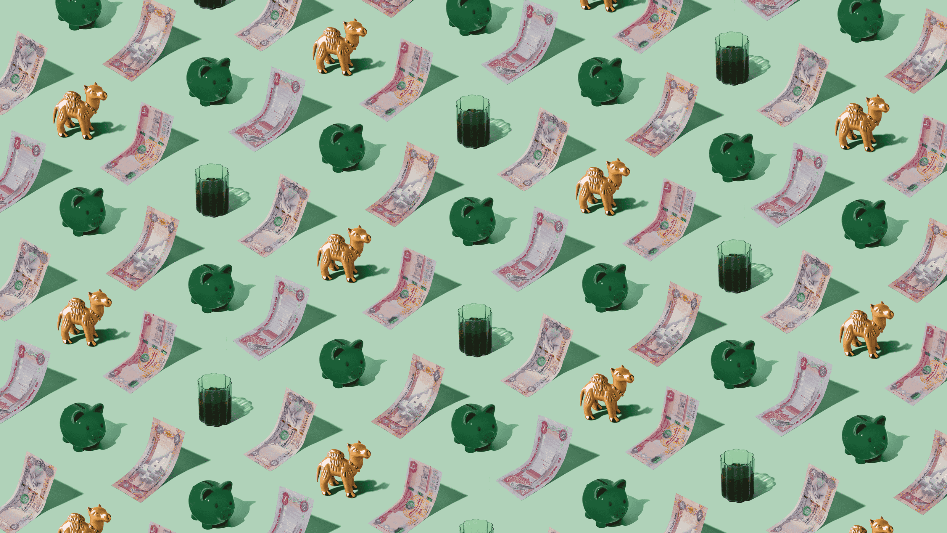 United Arab Emirates Dirham (AED) currency banknotes repeating as a playful pattern with a green piggybank, cup of coffee, and camel figurine for Travel Money Oz.
