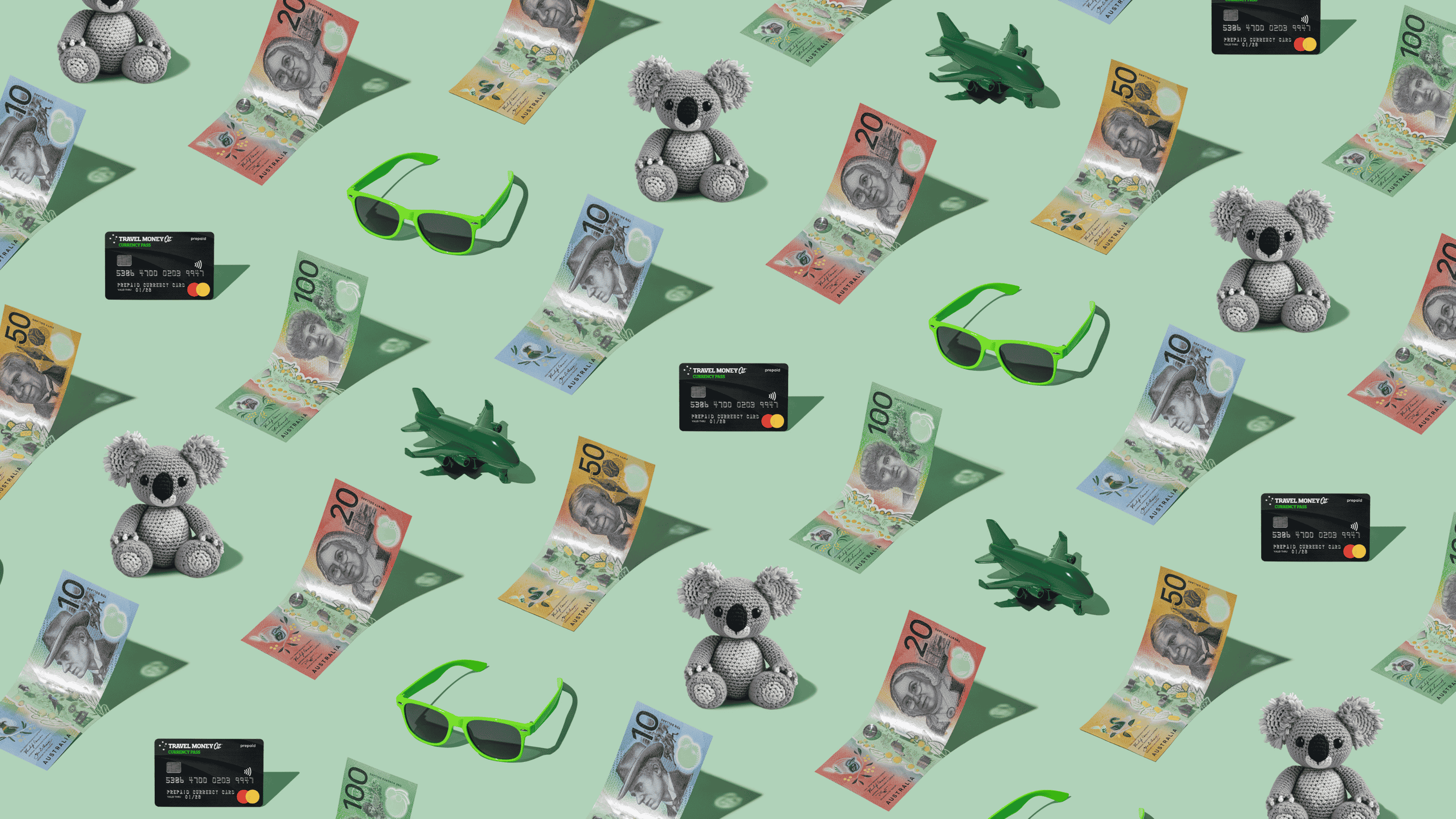 Australian Dollar (AUD) currency banknotes repeating as a playful pattern with a green plane, koala, and green sunglasses for Travel Money Oz.