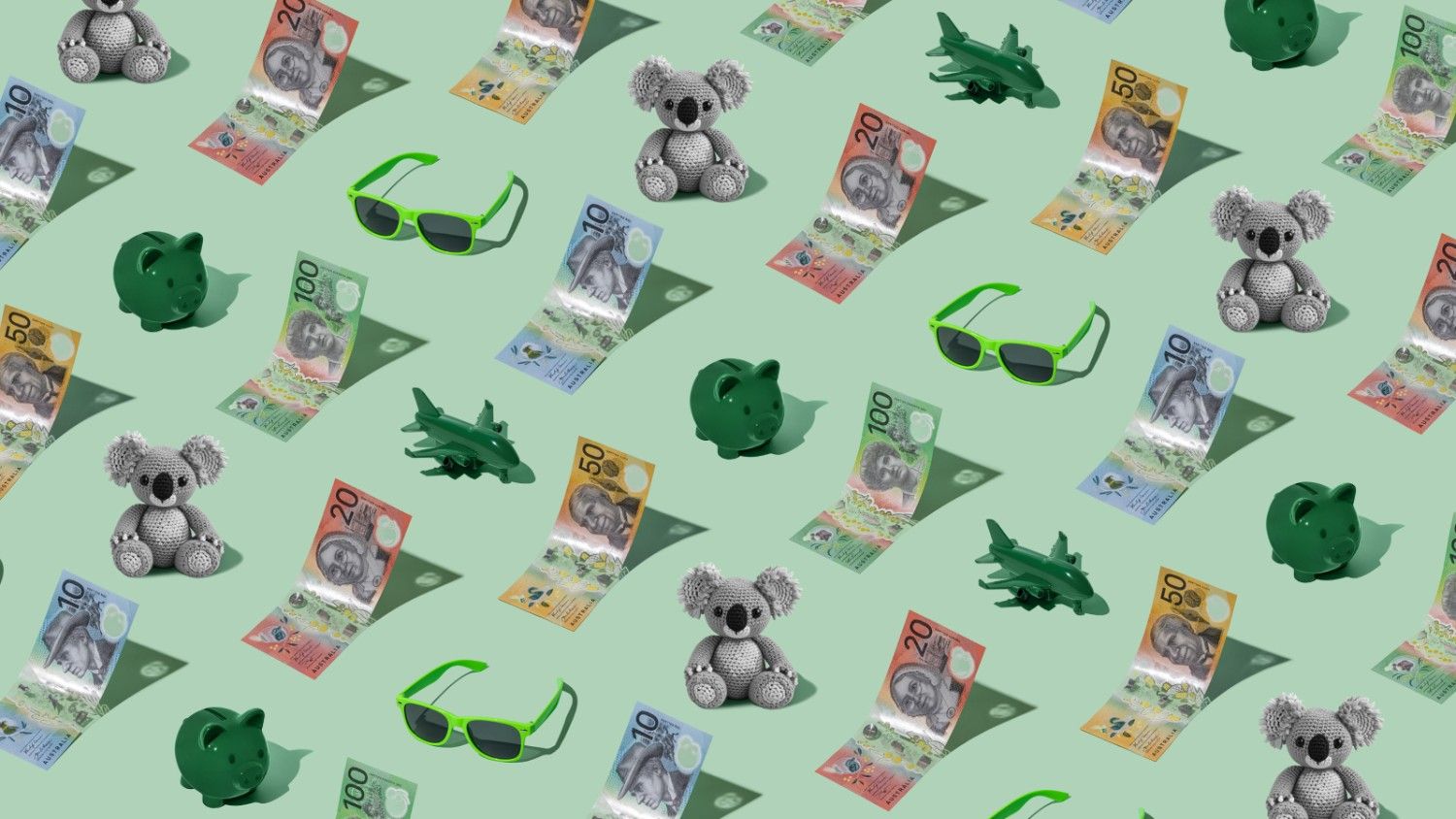 Australian Dollar (AUD) currency banknotes repeating as a playful pattern with a green plane, koala, and green sunglasses for Travel Money Oz.
