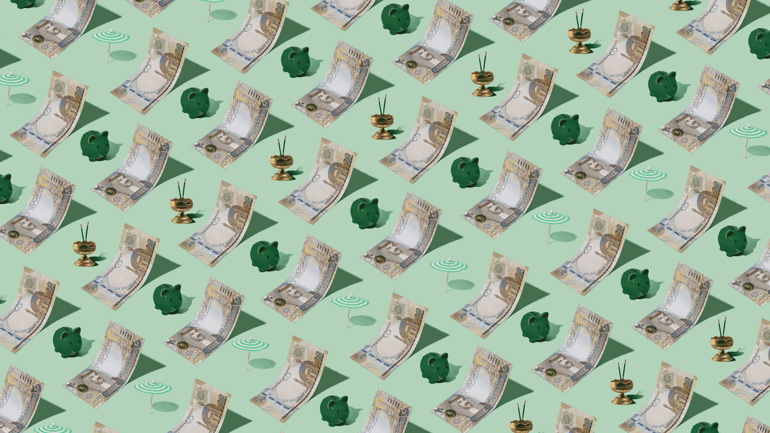 Bahrain (BHD) currency banknotes repeating as a playful pattern with a green piggybank, incense, and little green umbrella for Travel Money Oz.