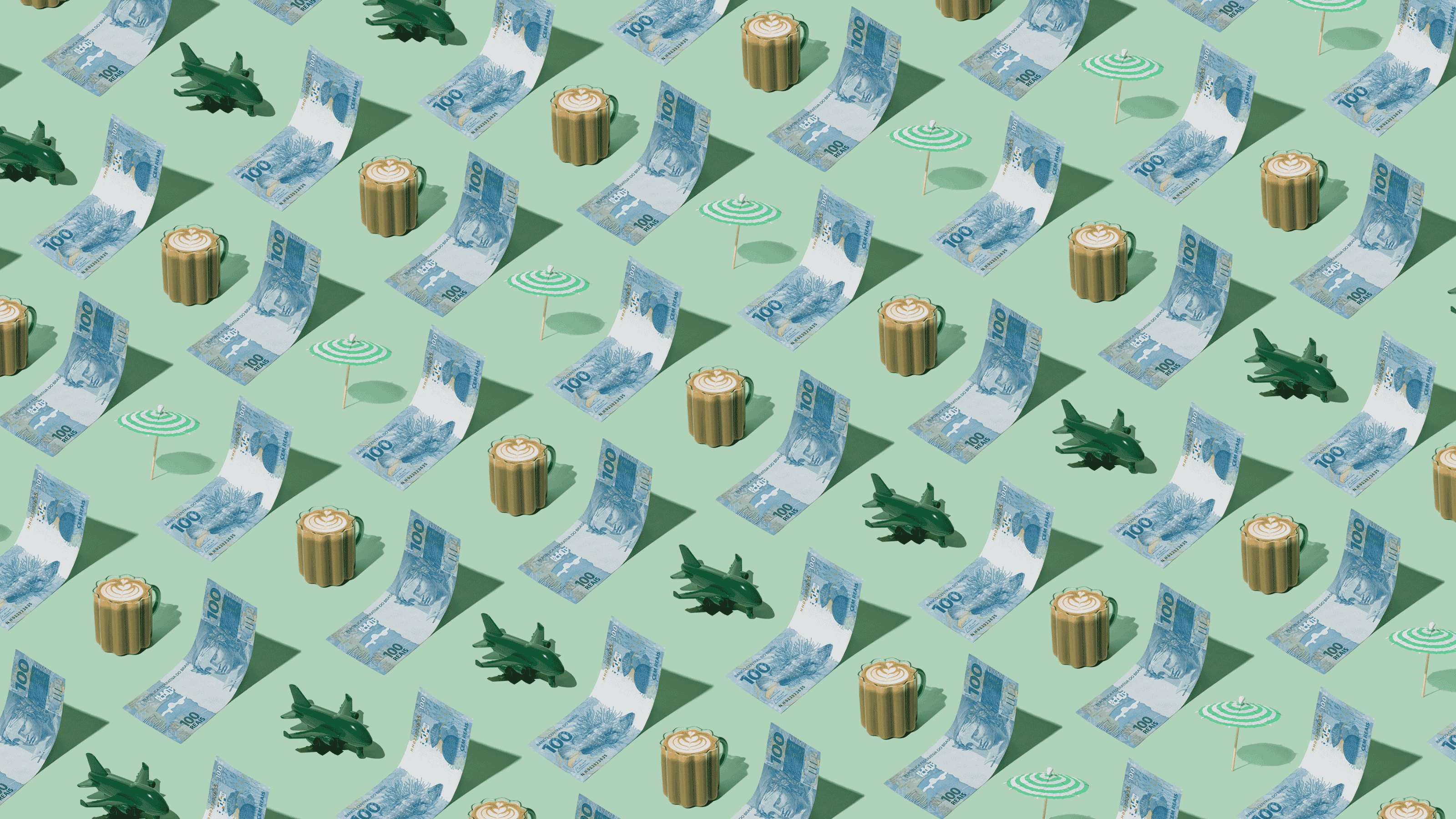 Brazilian Real (BRL) currency banknotes laid out in a repeating as a playful pattern with a green plane, cup of coffee, and little green umbrella for Travel Money Oz.