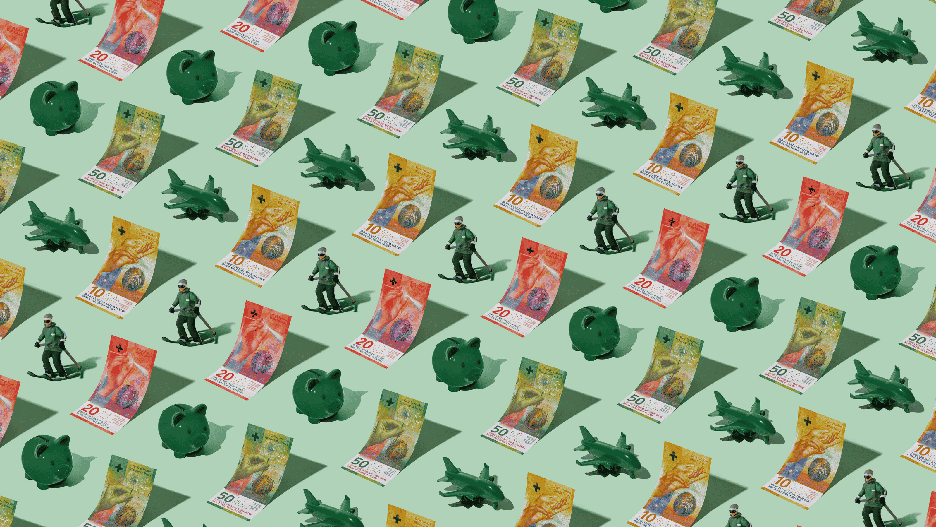 Swiss Francs (CHF) currency banknotes laid out in a repeating playful pattern with a green piggybank, green plane, and ski figurine for Travel Money Oz.