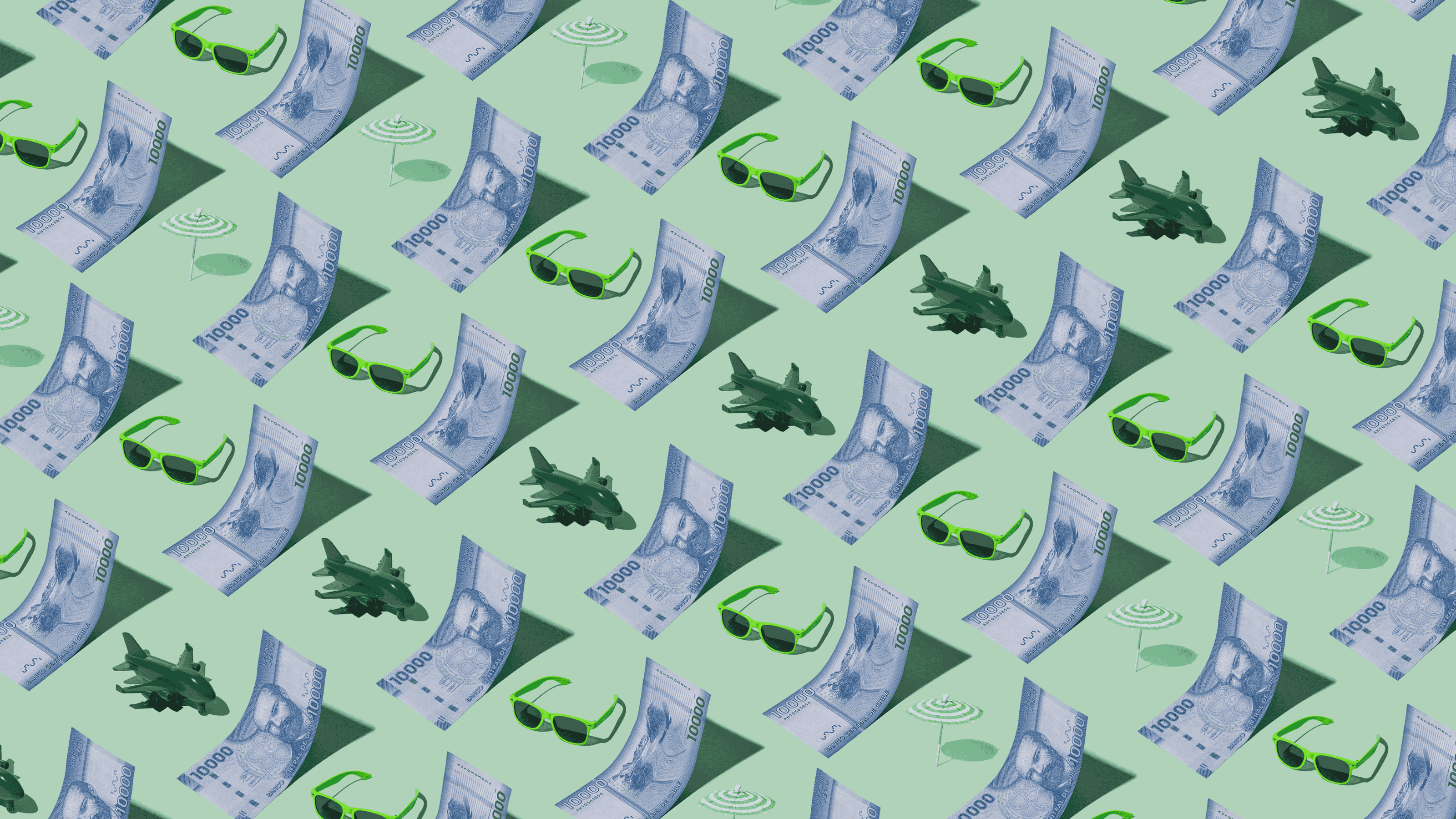 Chilean Pesos (CLP) currency banknotes laid out in a repeating playful pattern with a green plane, green sunglasses, and little green umbrella for Travel Money Oz.