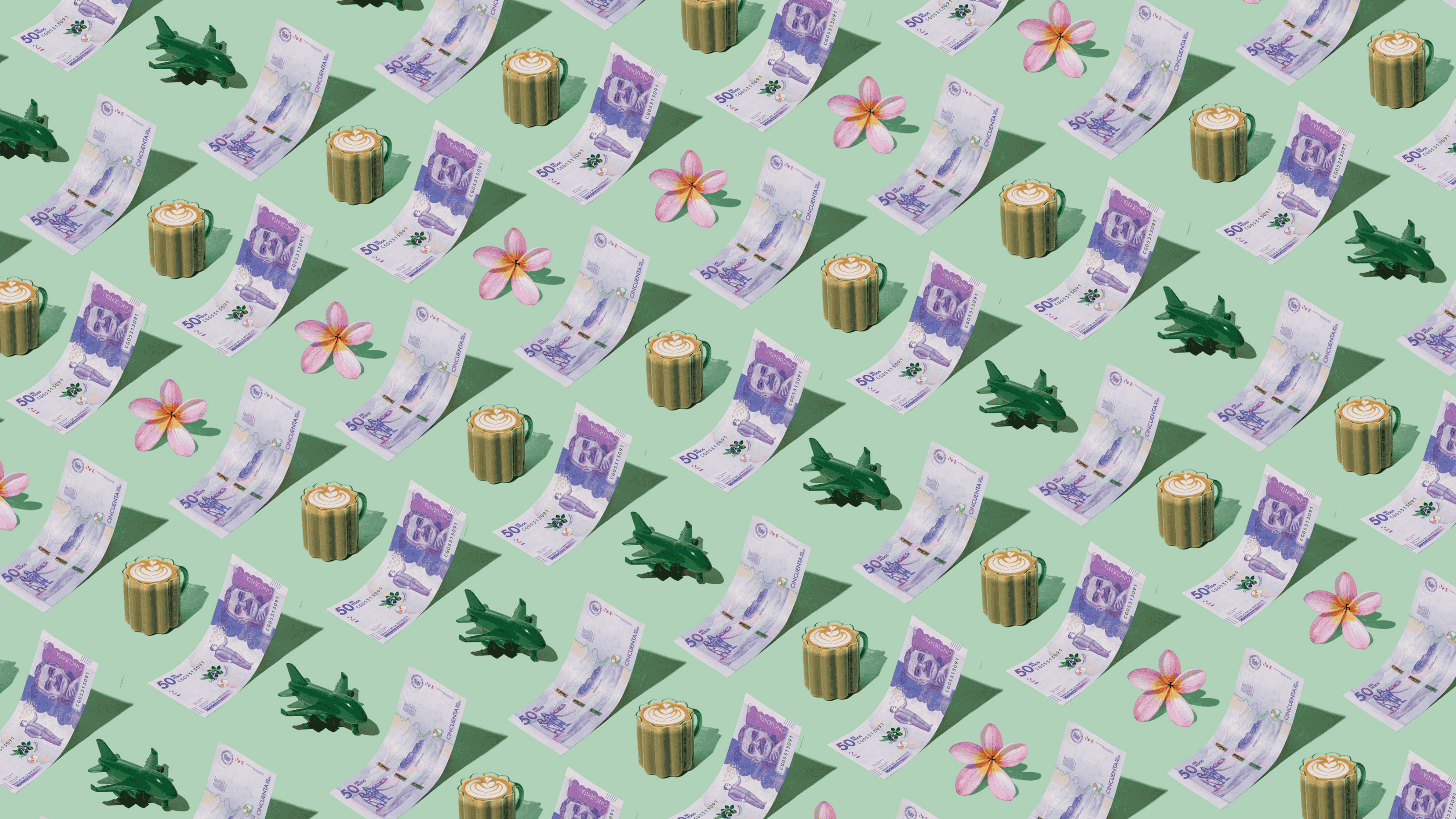 Colombian Pesos (COP) currency banknotes laid out in a repeating playful pattern with a green plane, cup of coffee, and frangipani flower for Travel Money Oz.