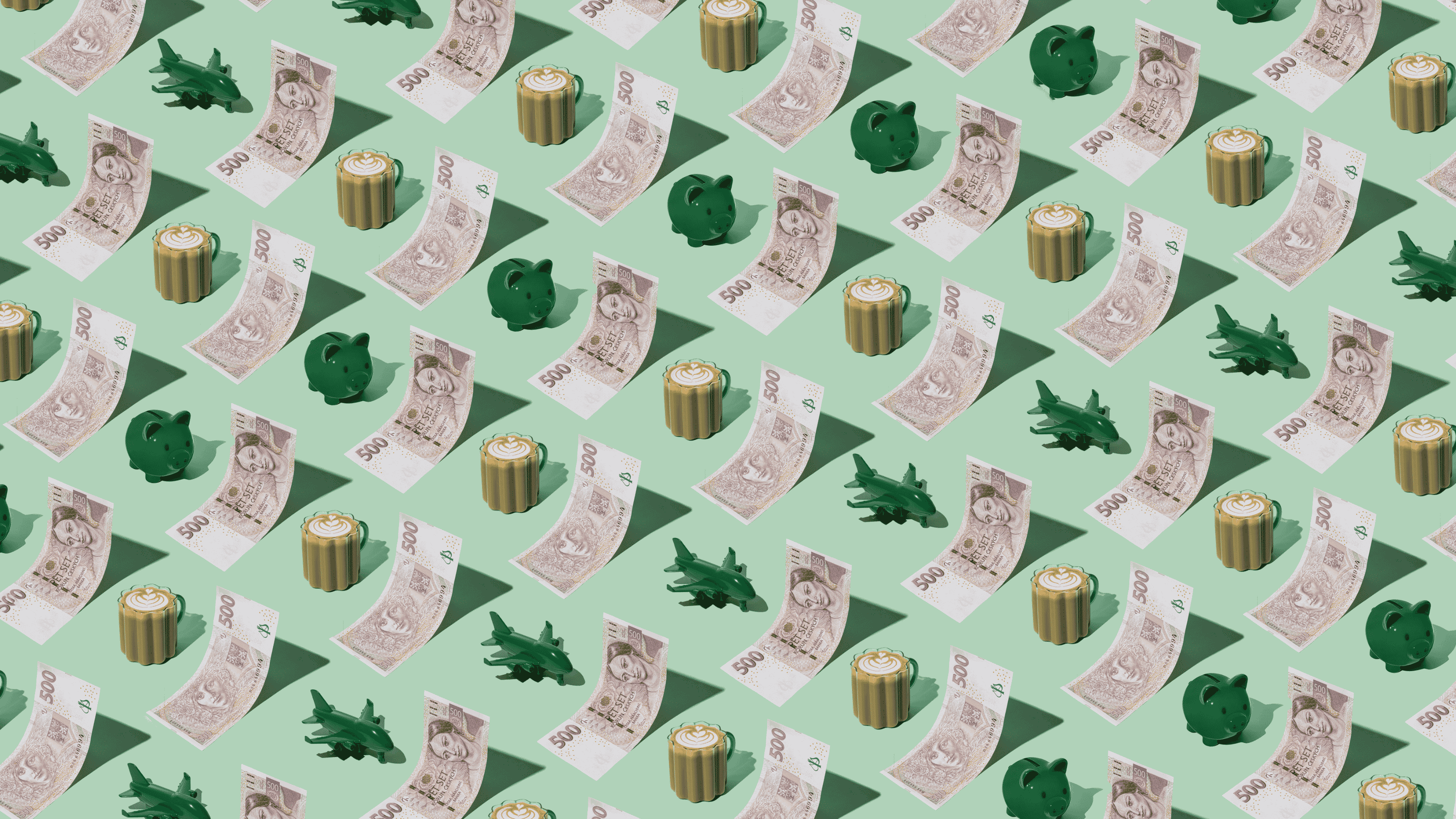 Czech Korunas (CZK) currency banknotes laid out in a repeating playful pattern with a green piggybank, green plane, and cup of coffee for Travel Money Oz.