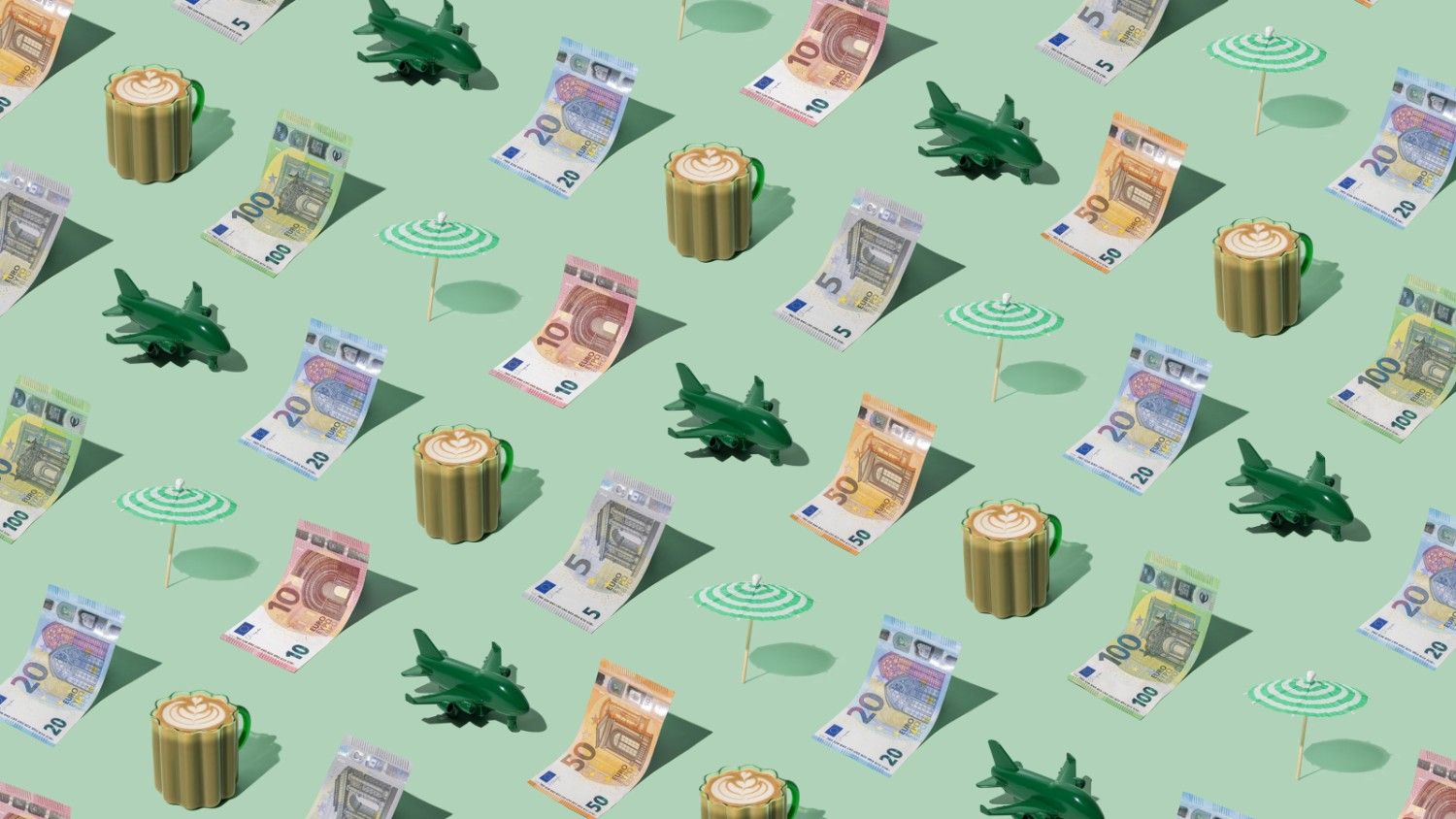 Euros (EUR) currency banknotes laid out in a repeating playful pattern with a green plane, cup of coffee, and little green umbrella for Travel Money Oz.