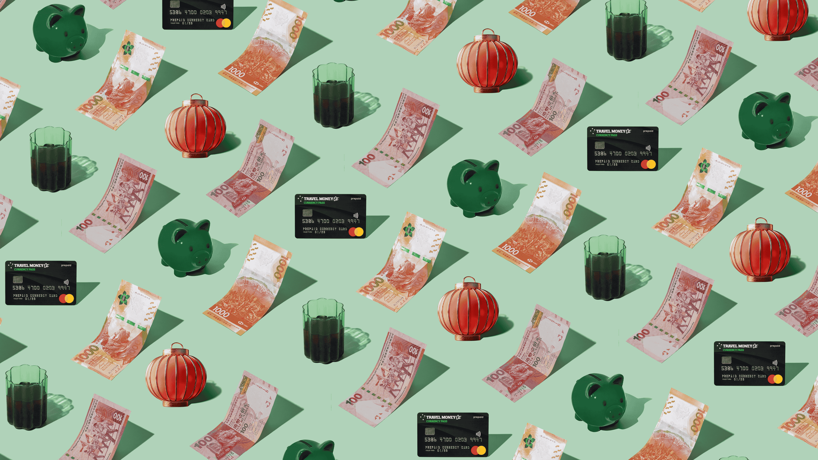 Hong Kong Dollars (HKD) currency banknotes and Travel Money Oz Currency Pass prepaid travel card laid out in a repeating playful pattern with a green piggybank, red lantern, and cup of tea for Travel Money Oz.