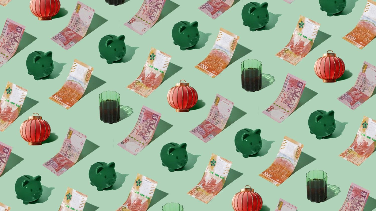 Hong Kong Dollars (HKD) currency banknotes laid out in a repeating playful pattern with a green piggybank, red lantern, and cup of tea for Travel Money Oz.