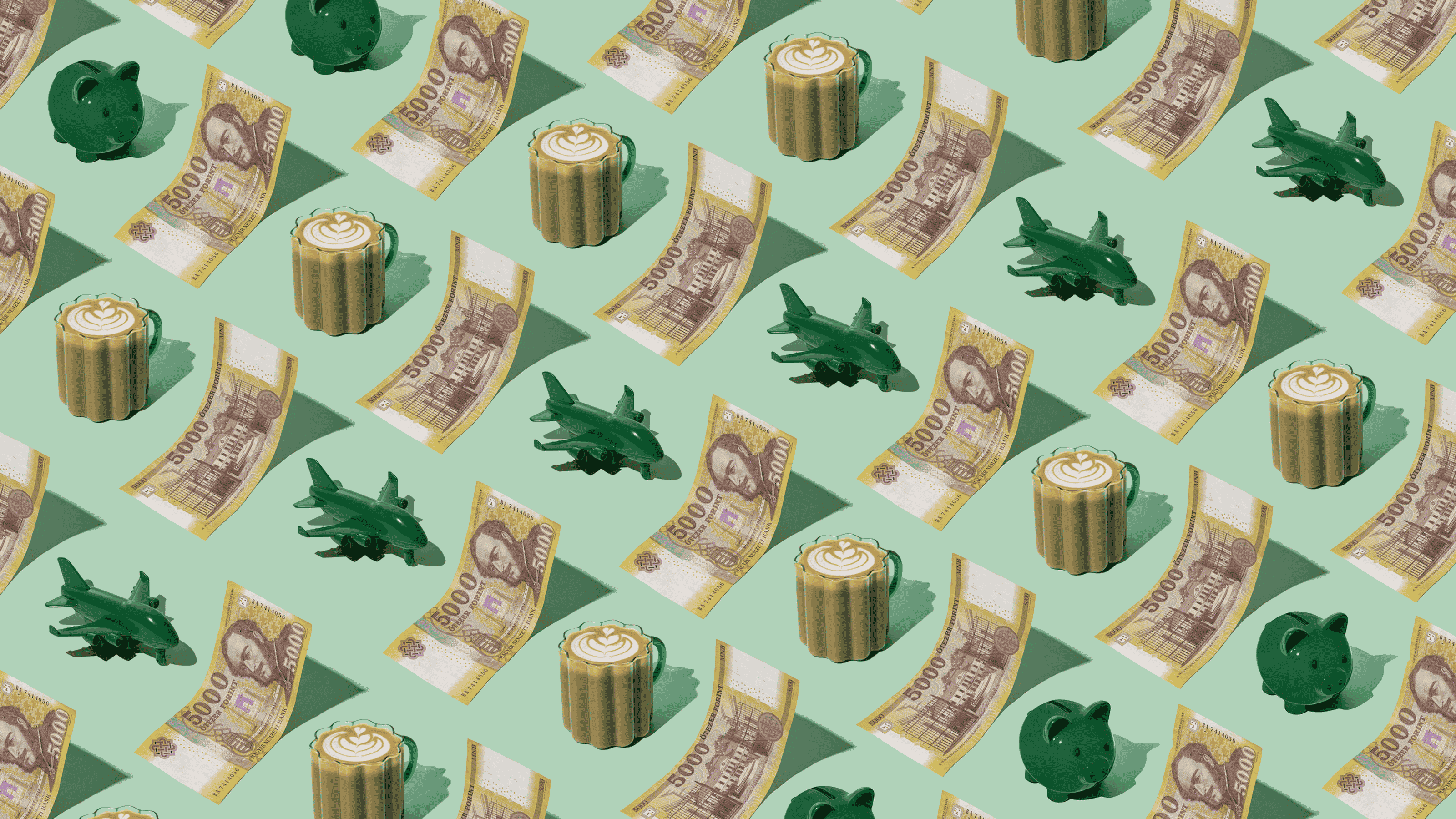 Hungarian Forint (HUF) currency banknotes out in a repeating playful pattern with a green piggybank, green plane, and cup of coffee for Travel Money Oz.