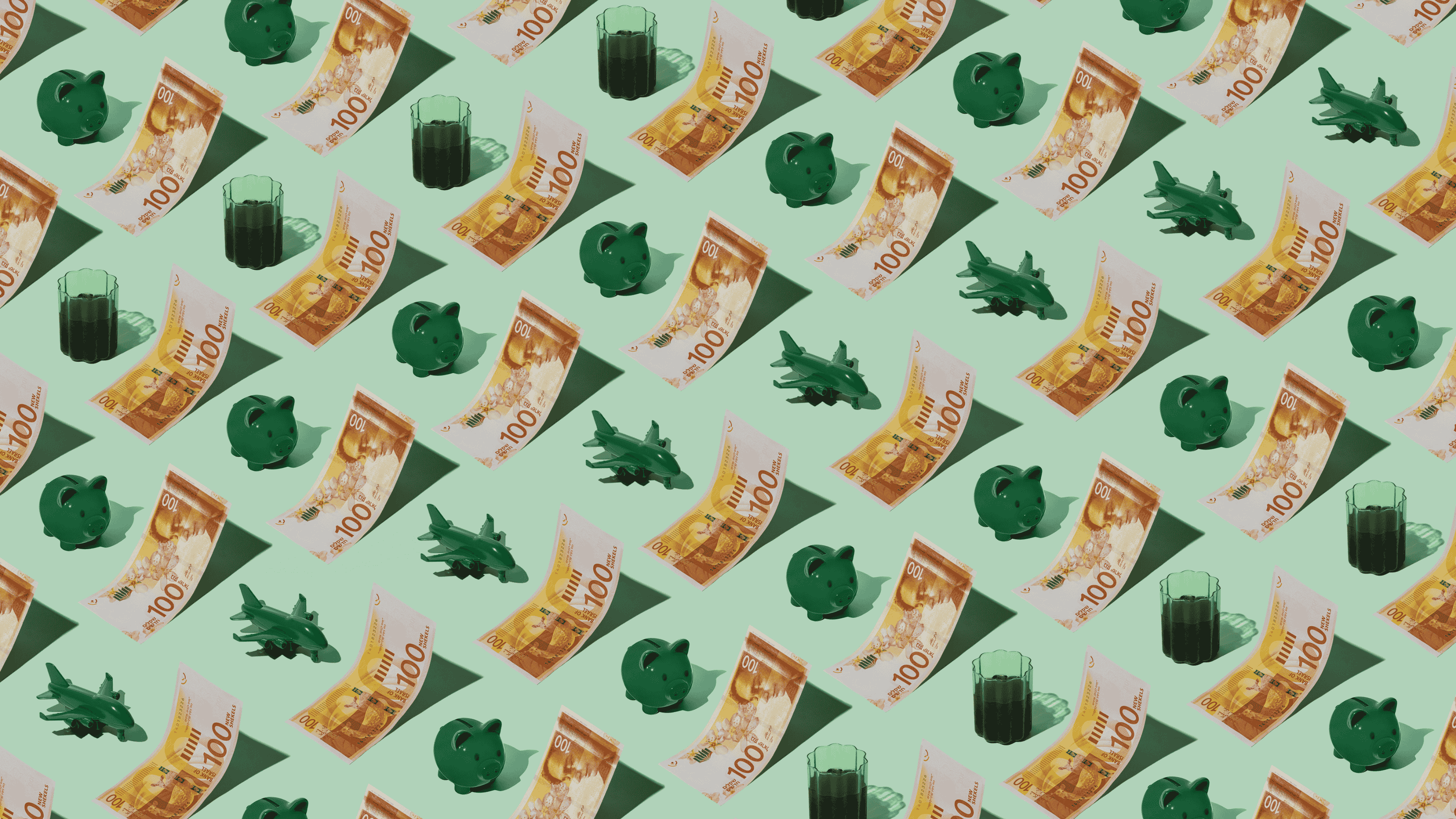 Israeli Shekel (ILS) currency banknotes laid out in a repeating playful pattern with a green piggybank, green plane, and cup of tea for Travel Money Oz.