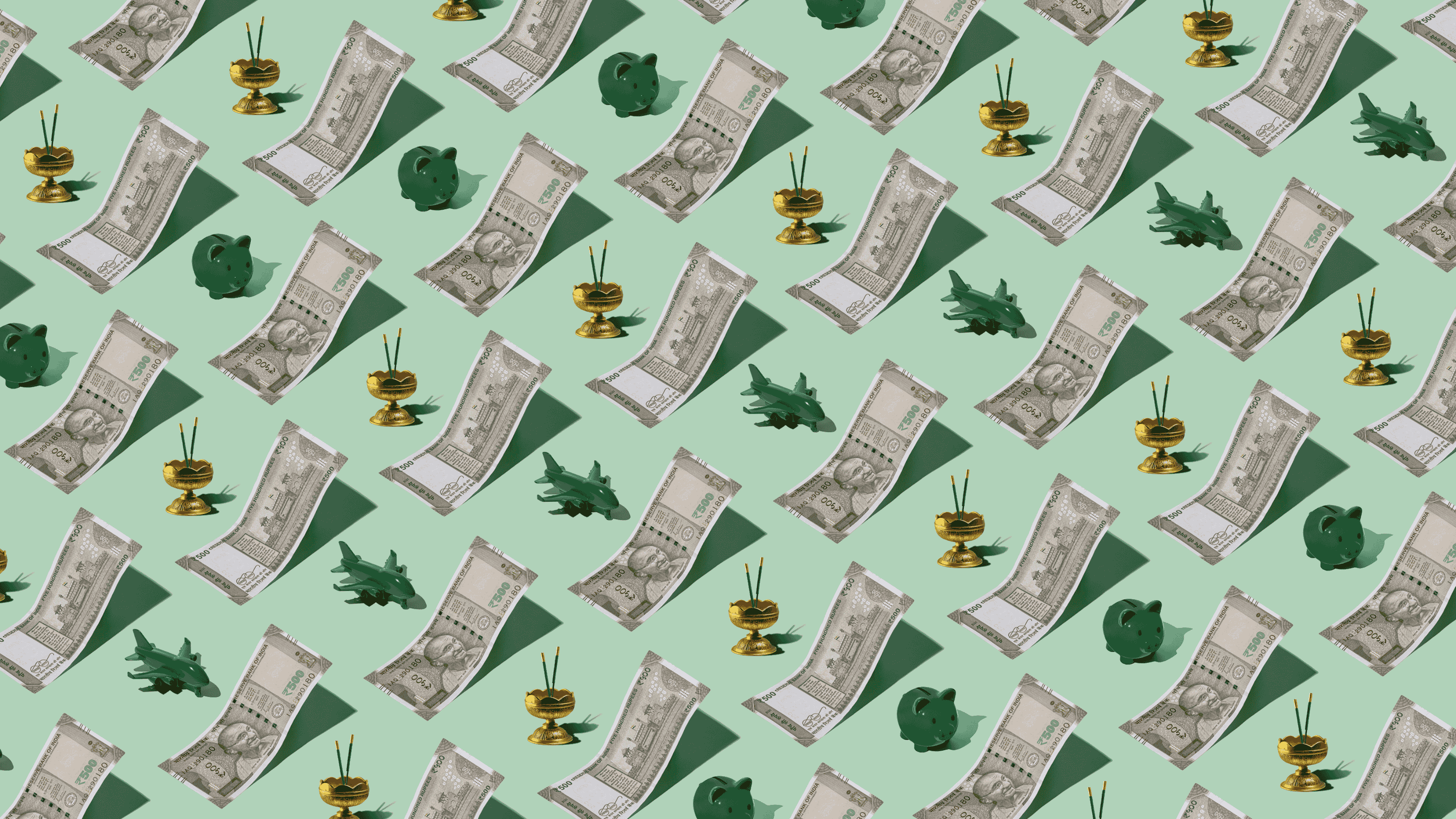 Indian Rupees (INR) currency banknotes laid out in a repeating playful pattern with a green piggybank, green plane, and incense for Travel Money Oz.
