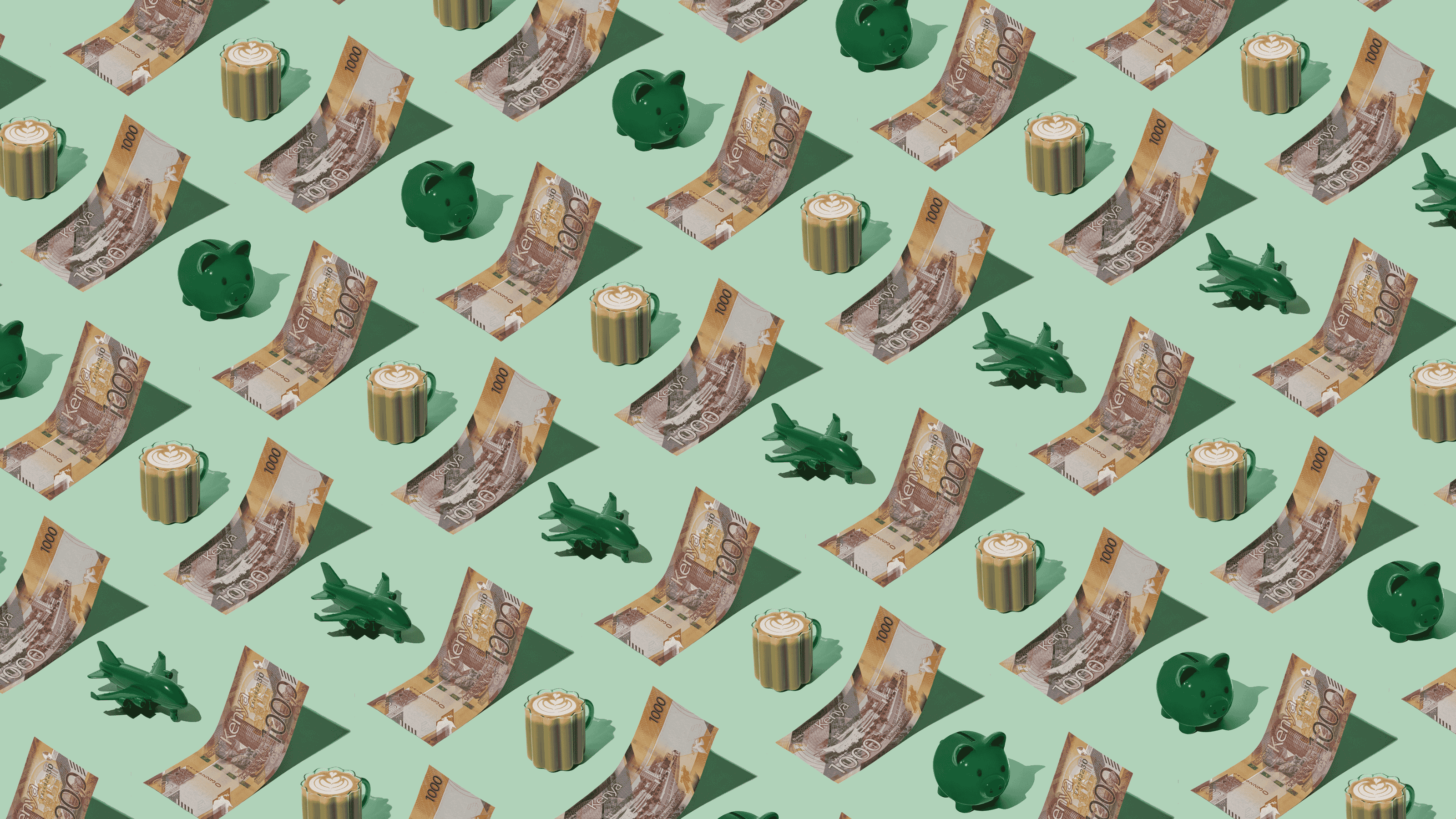 Kenyan Shilling (KES) currency banknotes laid out in a repeating playful pattern with a green piggybank, green plane, and cup of coffee for Travel Money Oz.