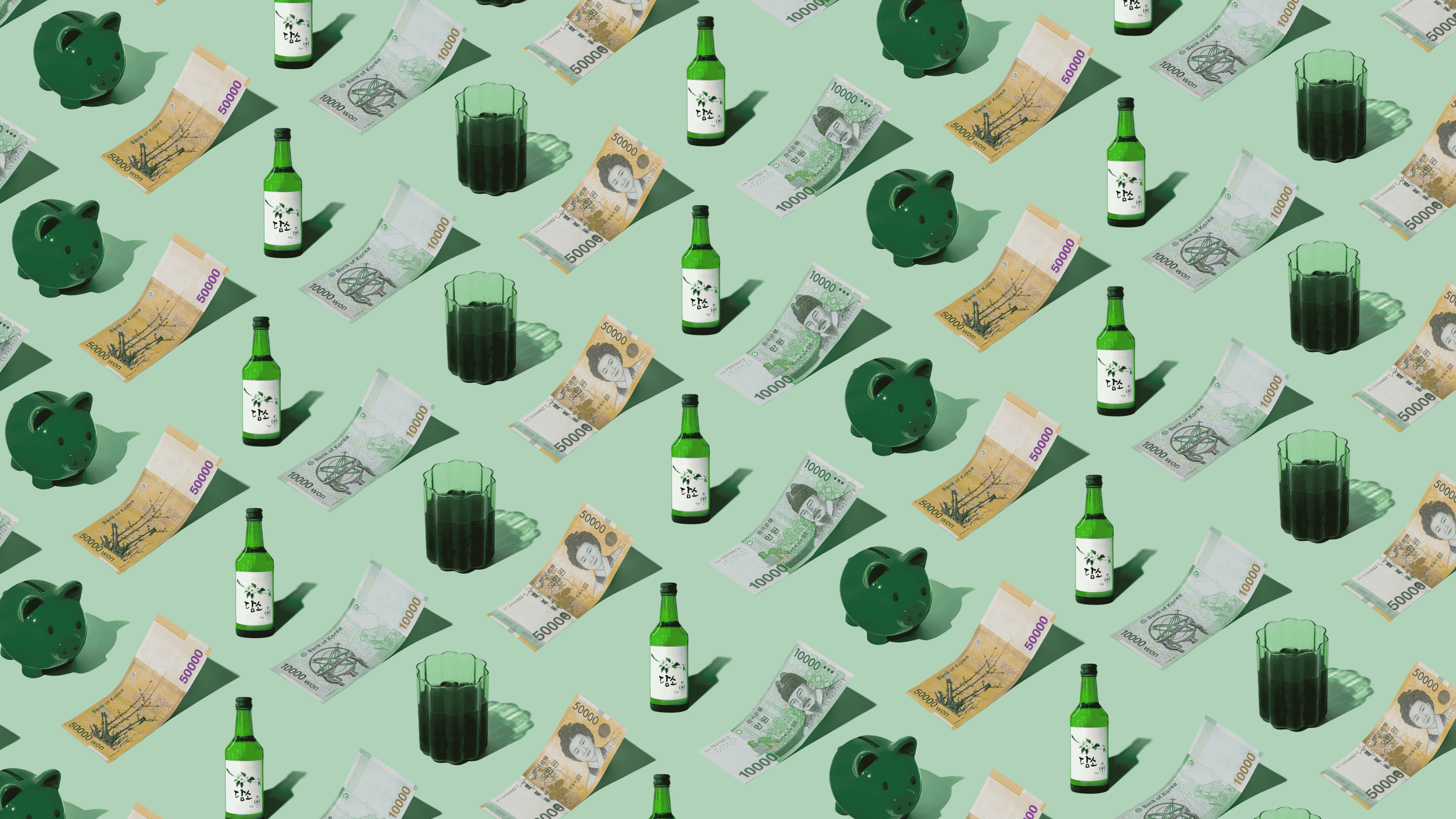 Korean Won (KRW) currency banknotes laid out in a repeating playful pattern with a green piggybank, glass of tea, and bottle of soju for Travel Money Oz.