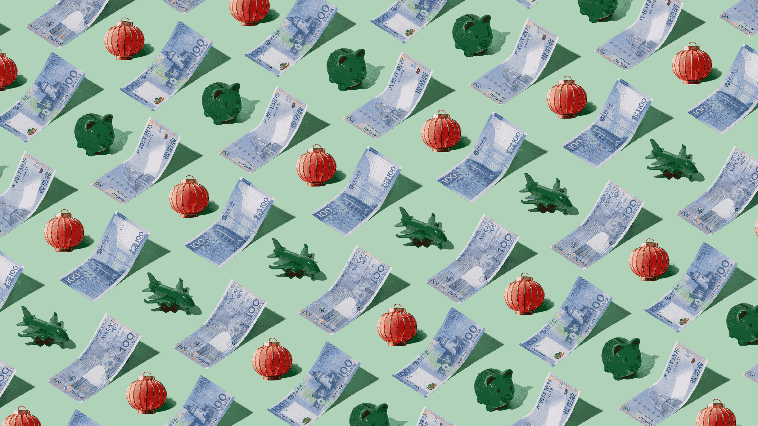 Macanese Pataca (MOP) currency banknotes laid out in a playful repeating pattern with a green piggybank, green plane, and red lantern for Travel Money Oz.