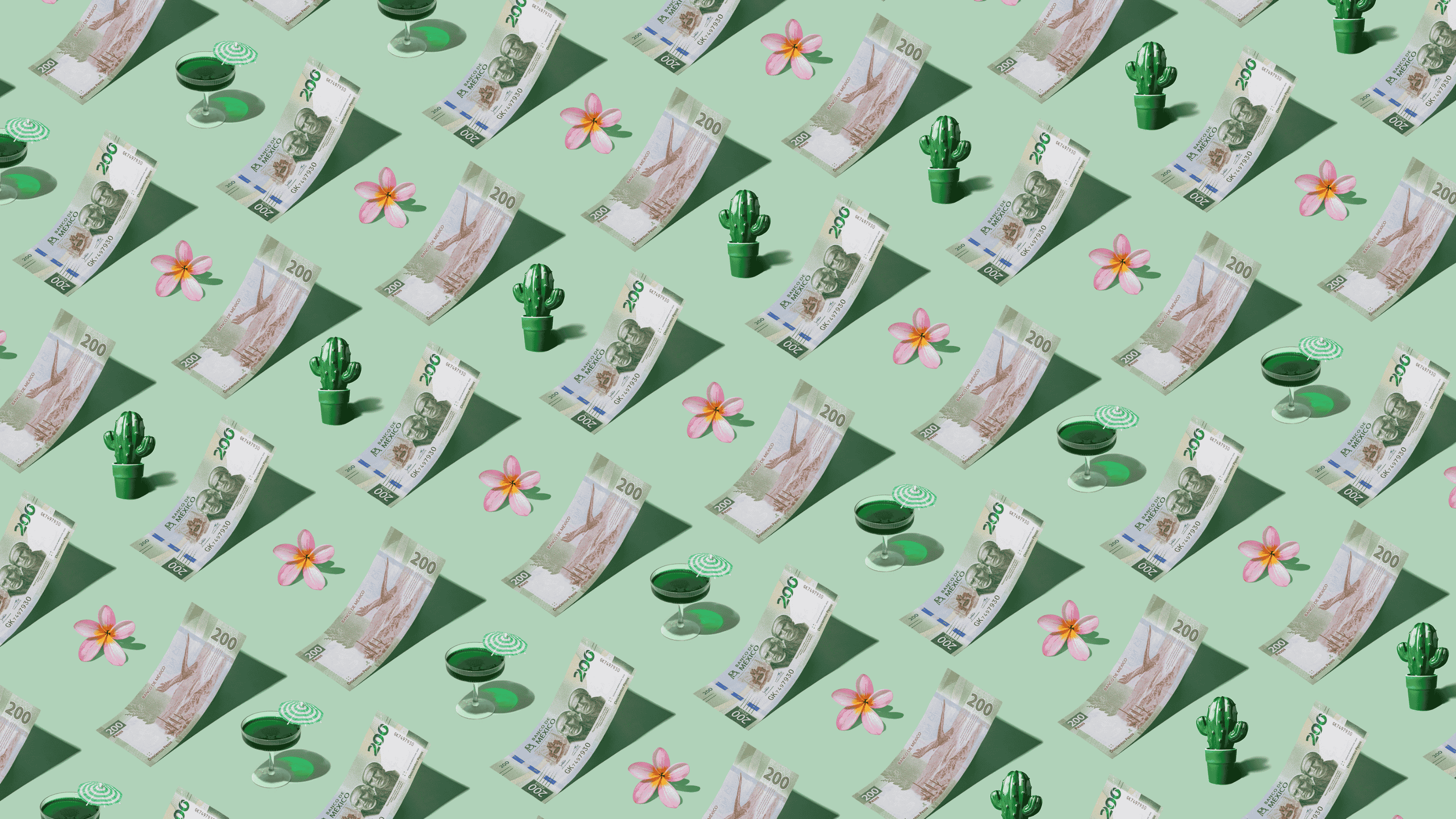Mexican Pesos (MXN) currency banknotes laid out in a playful pattern with a cactus figurine, cocktail, and frangipani flower for Travel Money Oz.