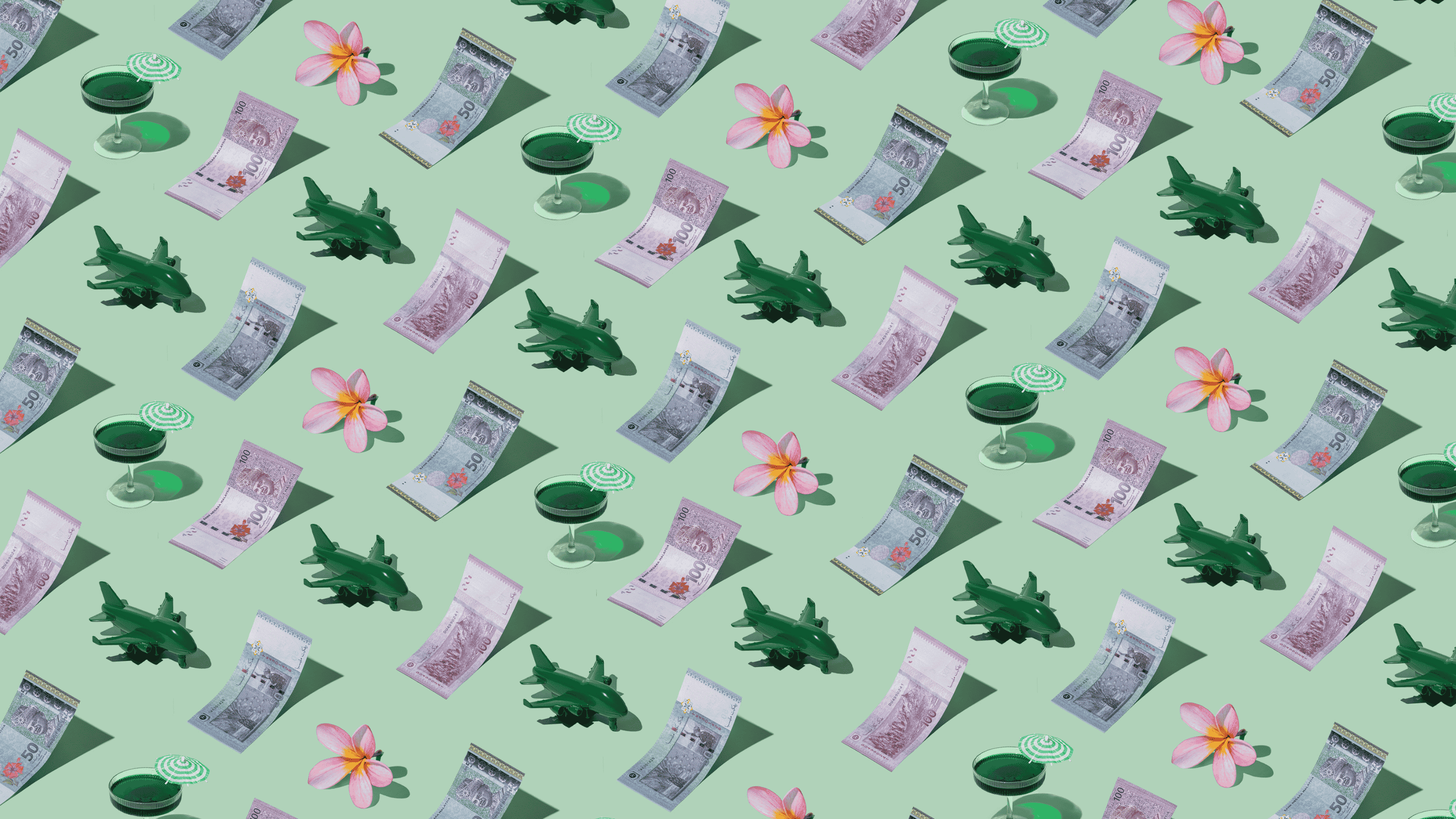 Malaysian Ringgits (MYR) currency banknotes laid out in a playful pattern with a green plane, cocktail, and frangipani flower for Travel Money Oz.