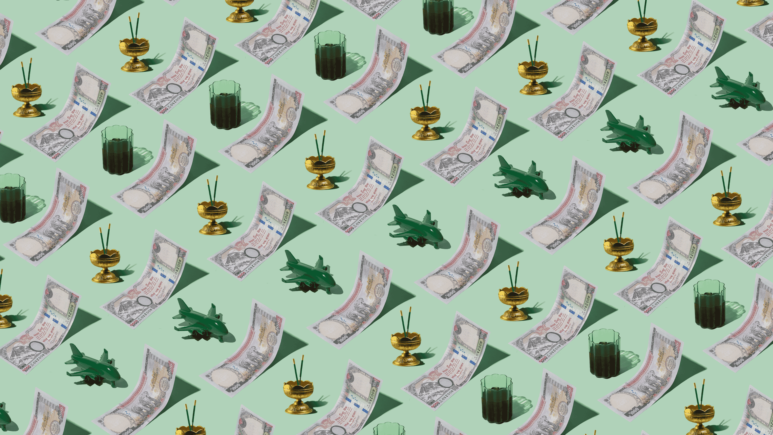 Nepalese Rupees (NPR) currency banknotes laid out in a playful pattern with a green plane, tea, and incense for Travel Money Oz.