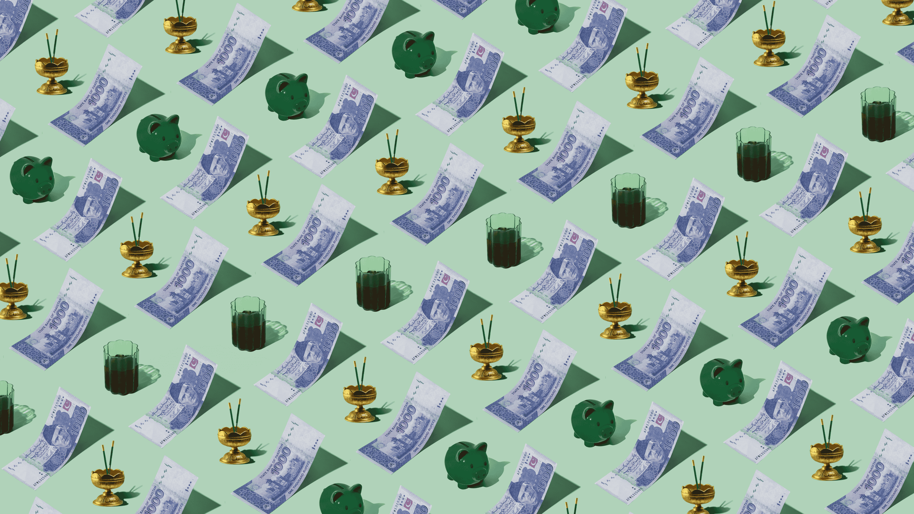 Pakistani Rupee (PKR) currency banknotes laid out in a playful pattern with a incense, tea, and a green piggybank for Travel Money Oz.
