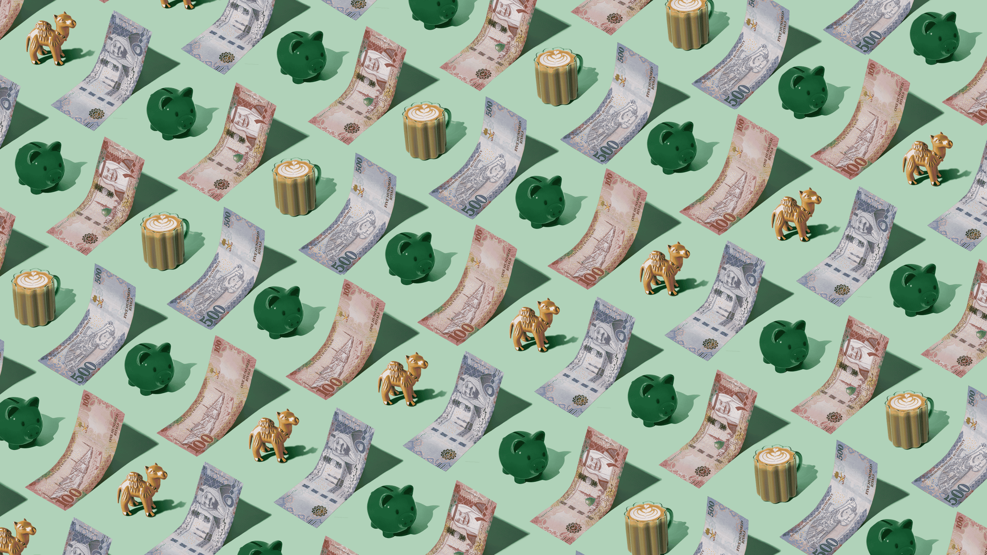 Saudi Arabia Rials (SAR) currency banknotes laid out in a playful pattern with a green piggybank, coffee, and camel figurine for Travel Money Oz.