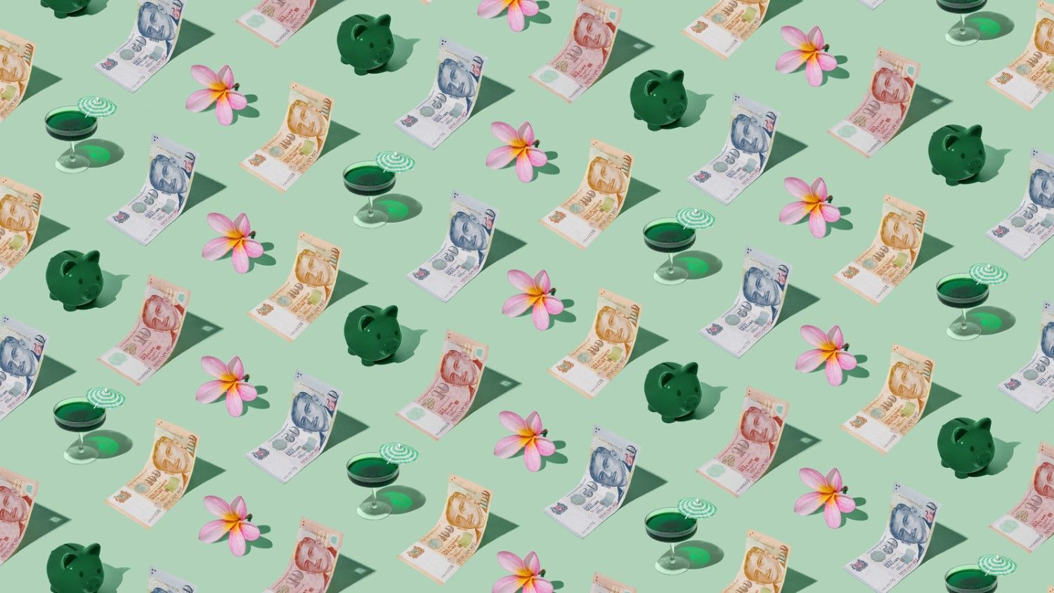 Singapore Dollars (SGD) currency banknotes laid out in a playful pattern with a green piggybank, cocktail, and frangipani flower for Travel Money Oz.