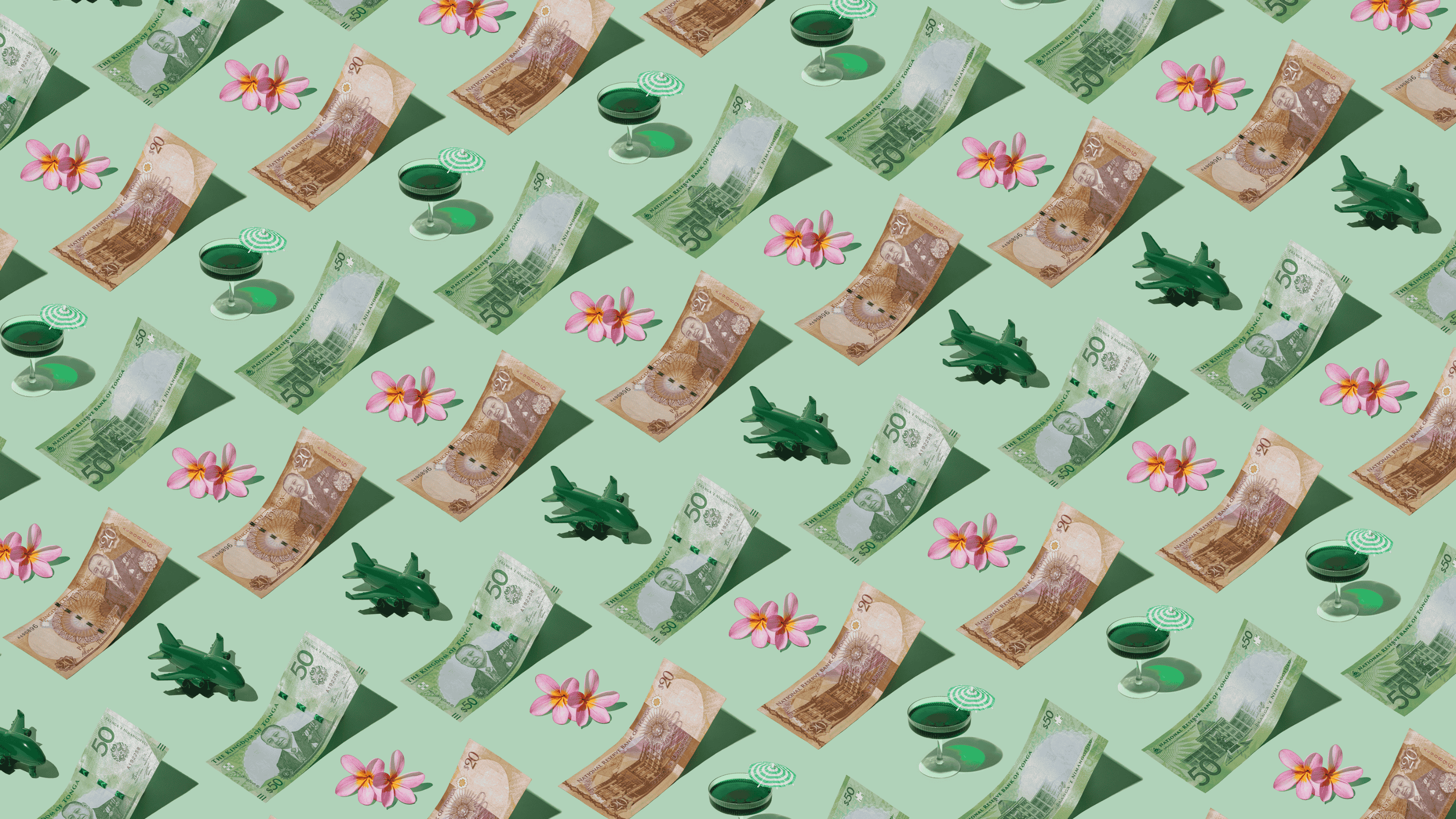 Tongan Pa'anga (TOP) currency banknotes laid out in a playful pattern with a green plane, cocktail, and frangipani flower for Travel Money Oz.