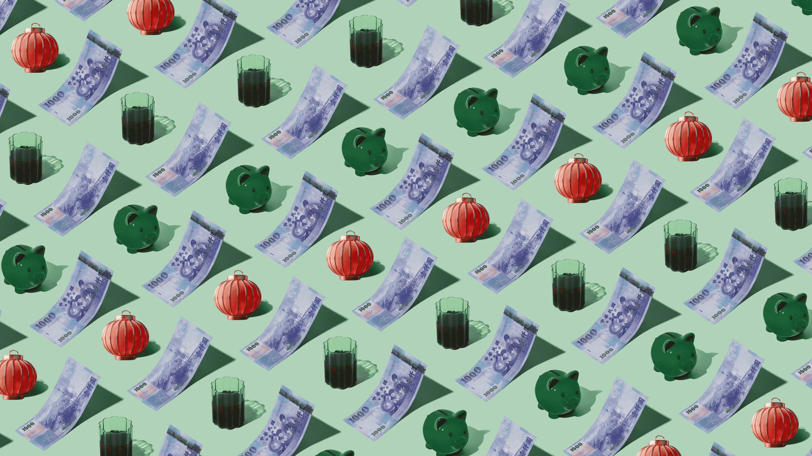 New Taiwan Dollars (TWD) currency banknotes laid out in a playful pattern with a red lantern, tea, and green piggybank for Travel Money Oz.