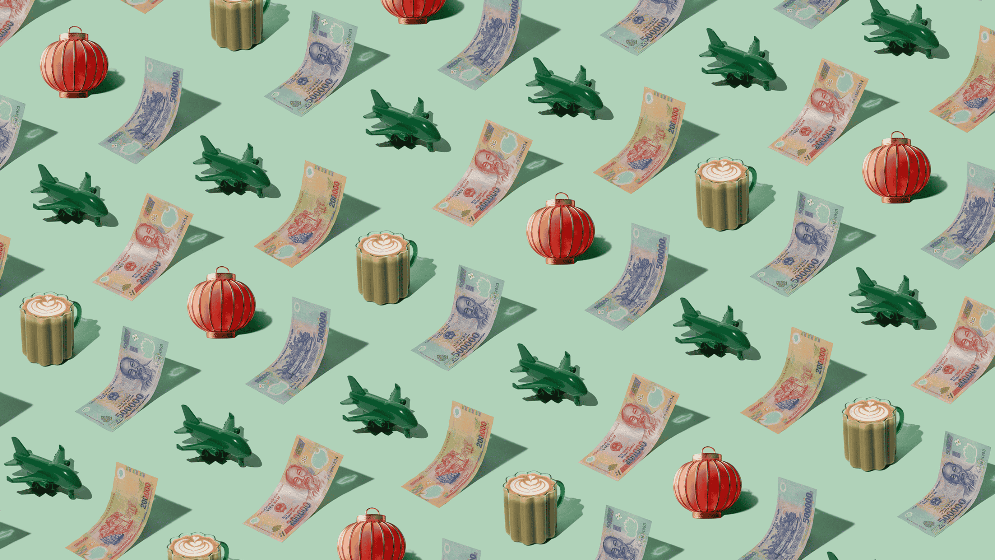 Vietnamese Dong (VND) currency banknotes laid out in a playful pattern with a red lantern, egg coffee, and green plane for Travel Money Oz.