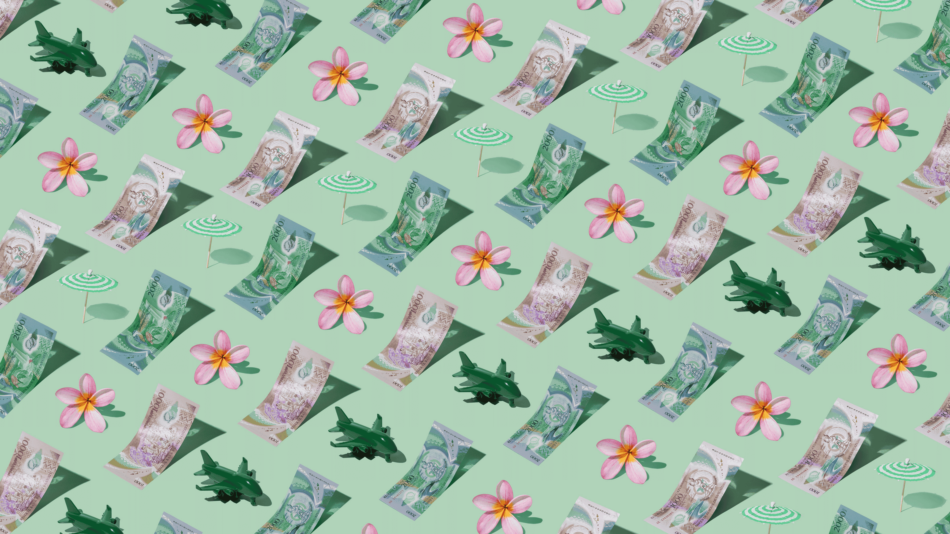 Vanuatu Vatu (VUV) currency banknotes laid out in a playful pattern with green plane, green umbrella, and frangipani flower for Travel Money Oz.