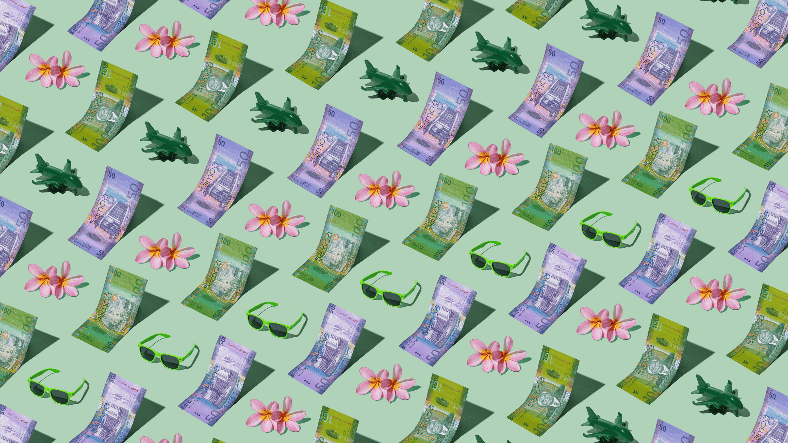 Samoan Tala (WST) currency banknotes laid out in a playful pattern with green plane, green sunglasses, and frangipani flower for Travel Money Oz.