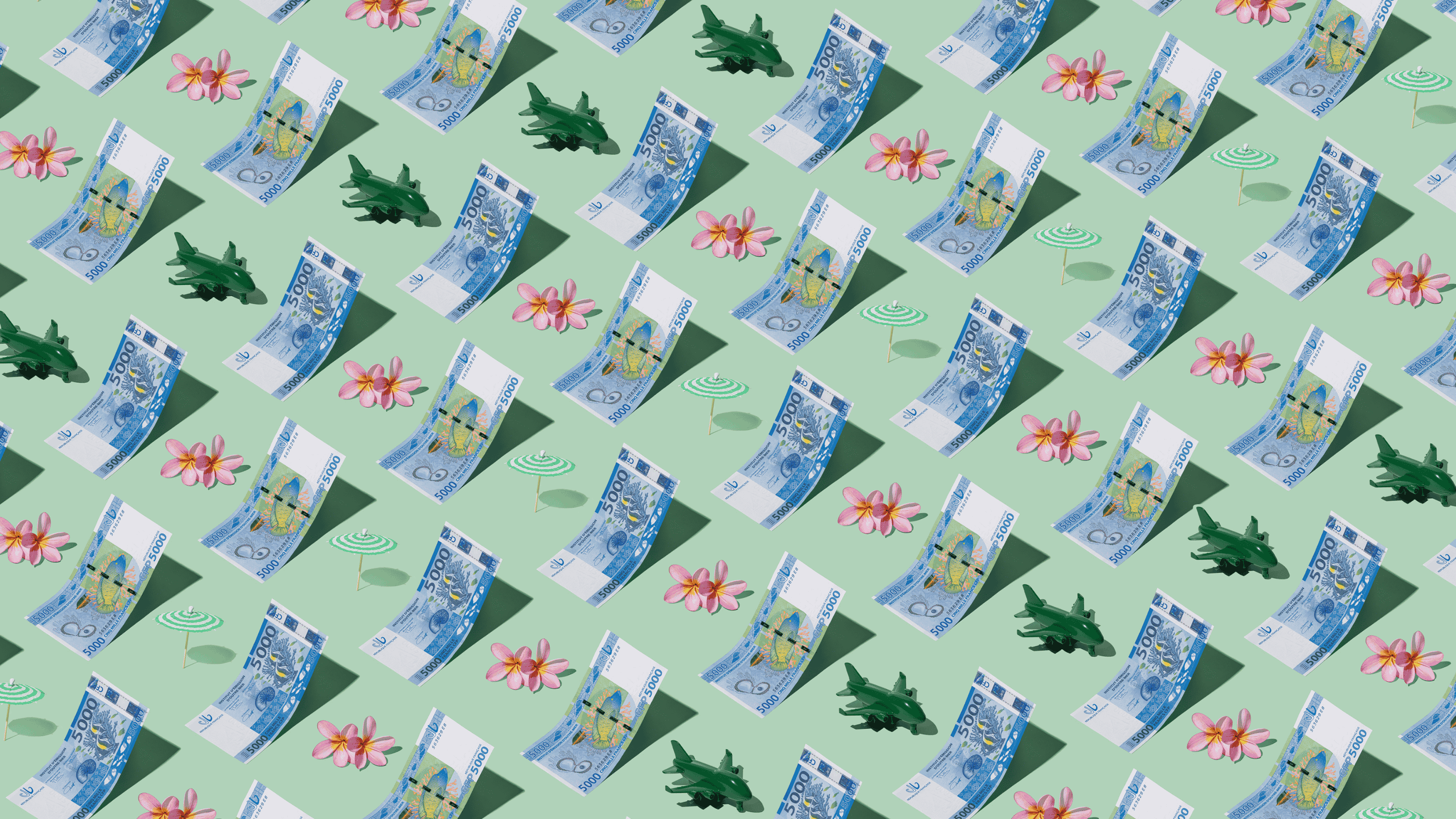 South Pacific Francs (XPF) currency banknotes laid out in a playful pattern with green plane, green umbrella, and frangipani flower for Travel Money Oz.