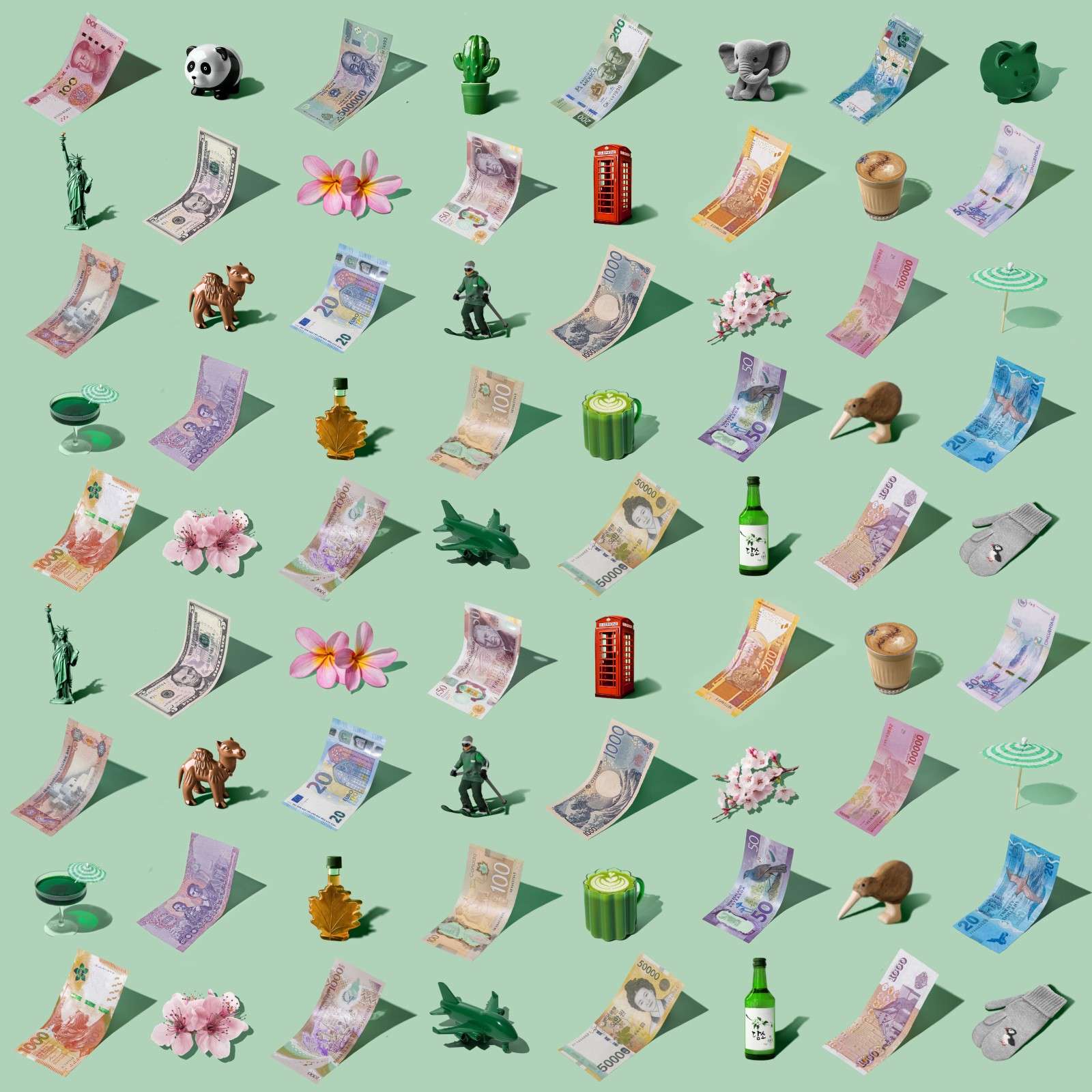A mix of currencies with little icons from destinations around the world, arranged in a playful repeating pattern