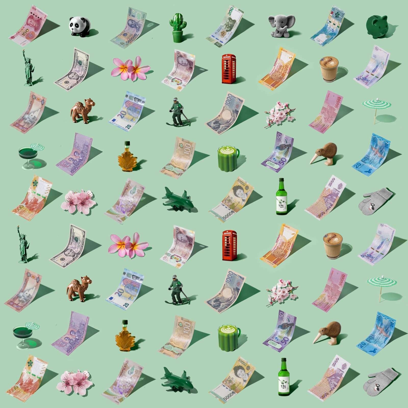 A mix of currencies with little icons from destinations around the world, arranged in a playful repeating pattern