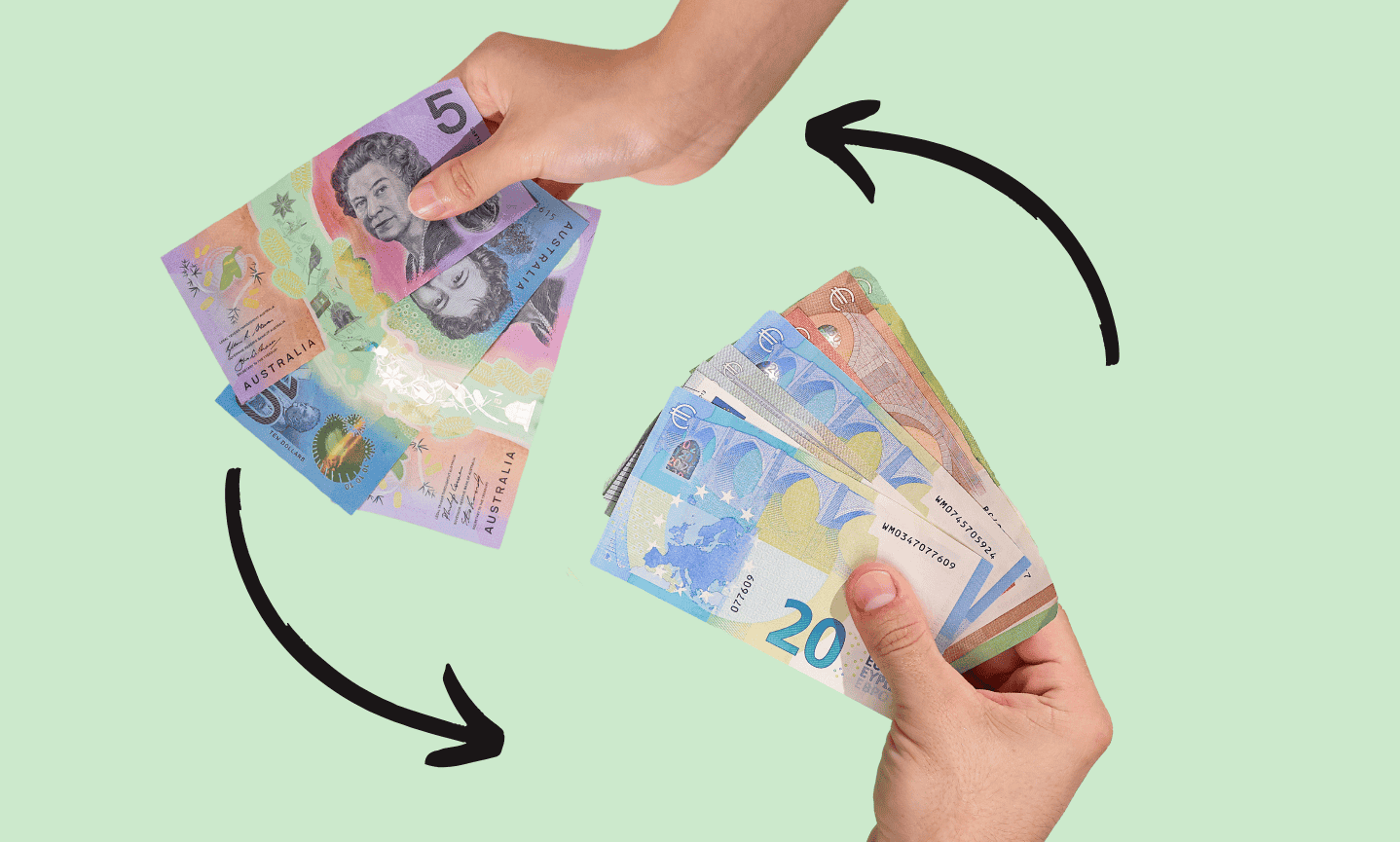 Sell your Euros back to us at Travel Money Oz! Hands holding Australian dollars and Euros on mint green background