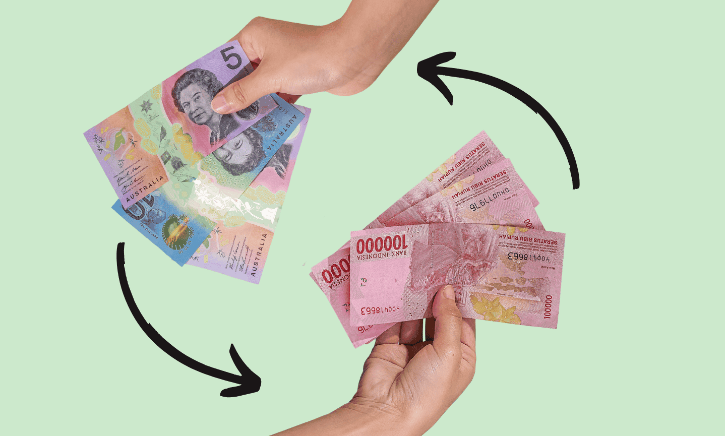 Sell your Indonesian Rupiah back to us at Travel Money Oz! Hands exchanging IDR and AUD banknotes on mint green background.